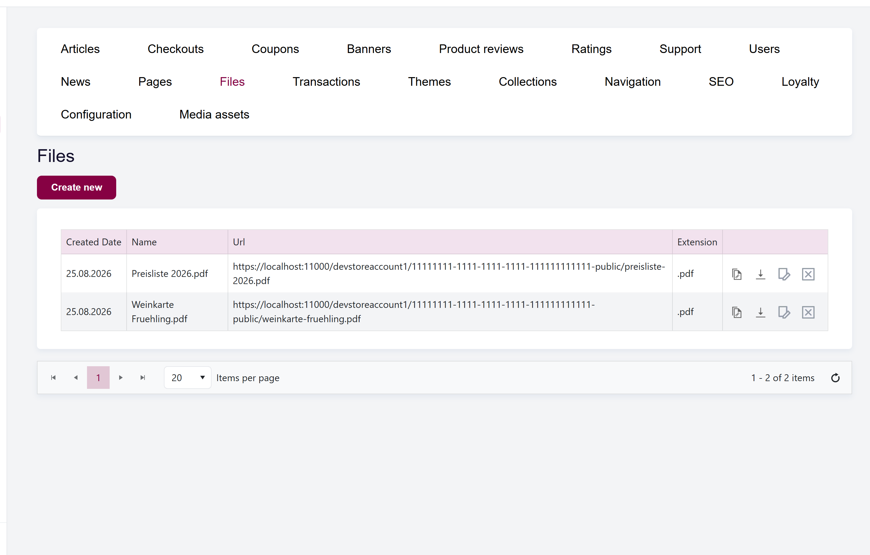 url: shop/files
The Files list with the Created date, Name, Url, and Extension columns and the Create new button.