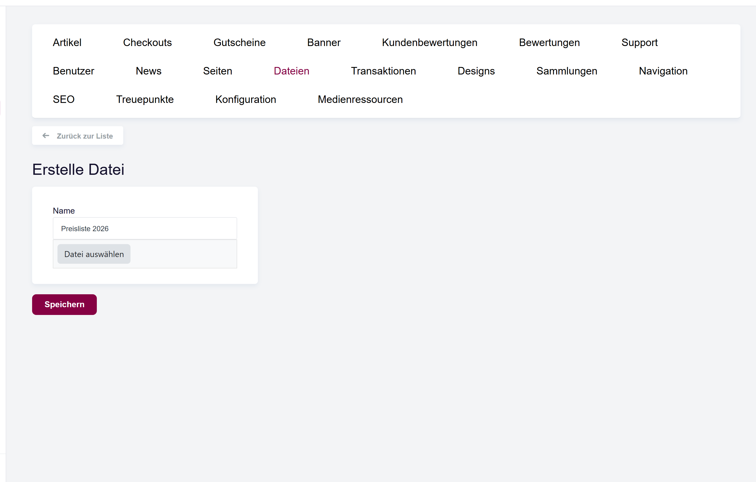 Das Formular zum Erstellen einer Datei mit dem Feld Name und dem Upload-Steuerelement.