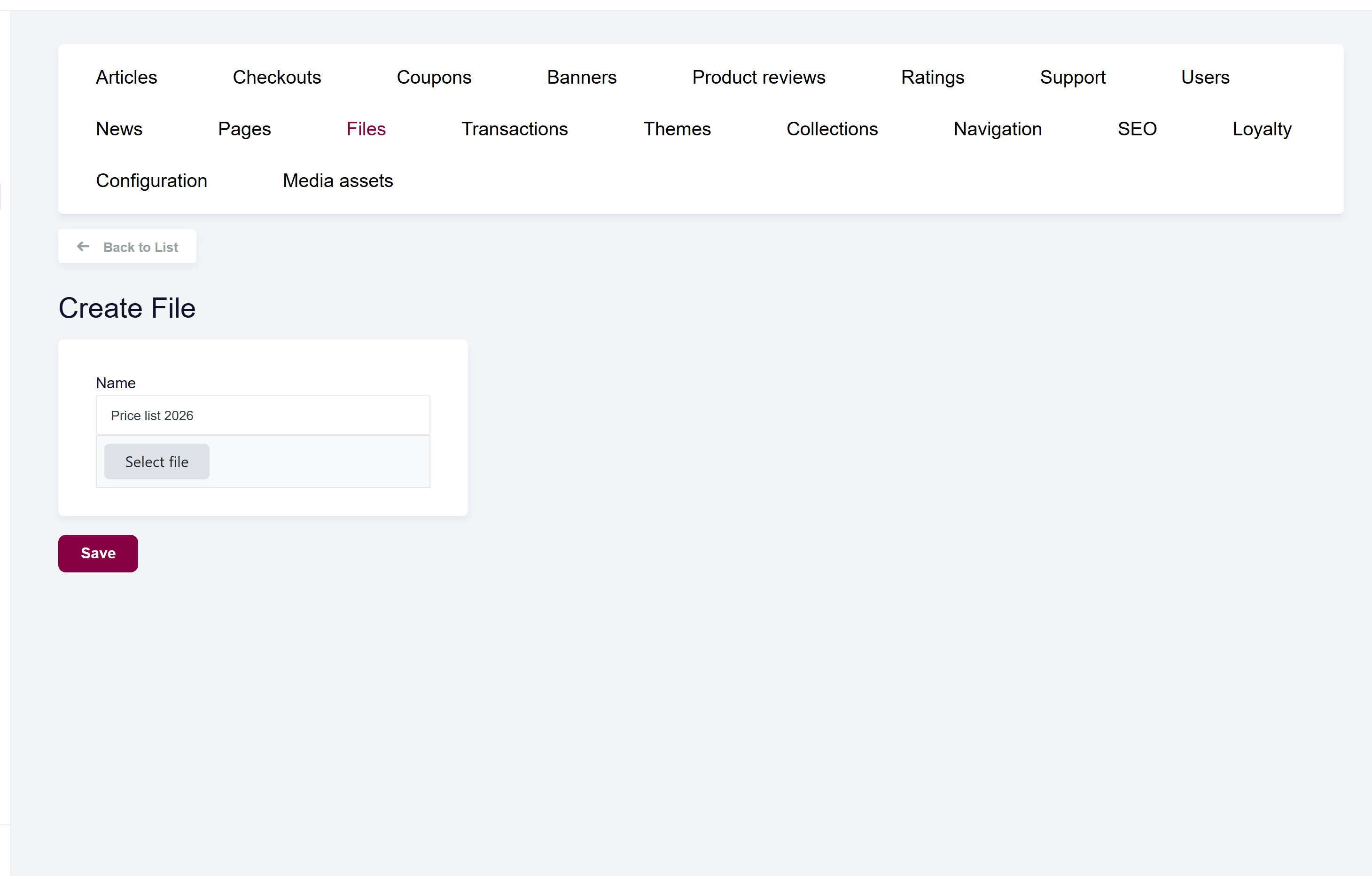 url: shop/files/create
steps:
  - fill: input[name="Name"]|en=Price list 2026|de=Preisliste 2026
The Create file form with the Name field and the file upload control.