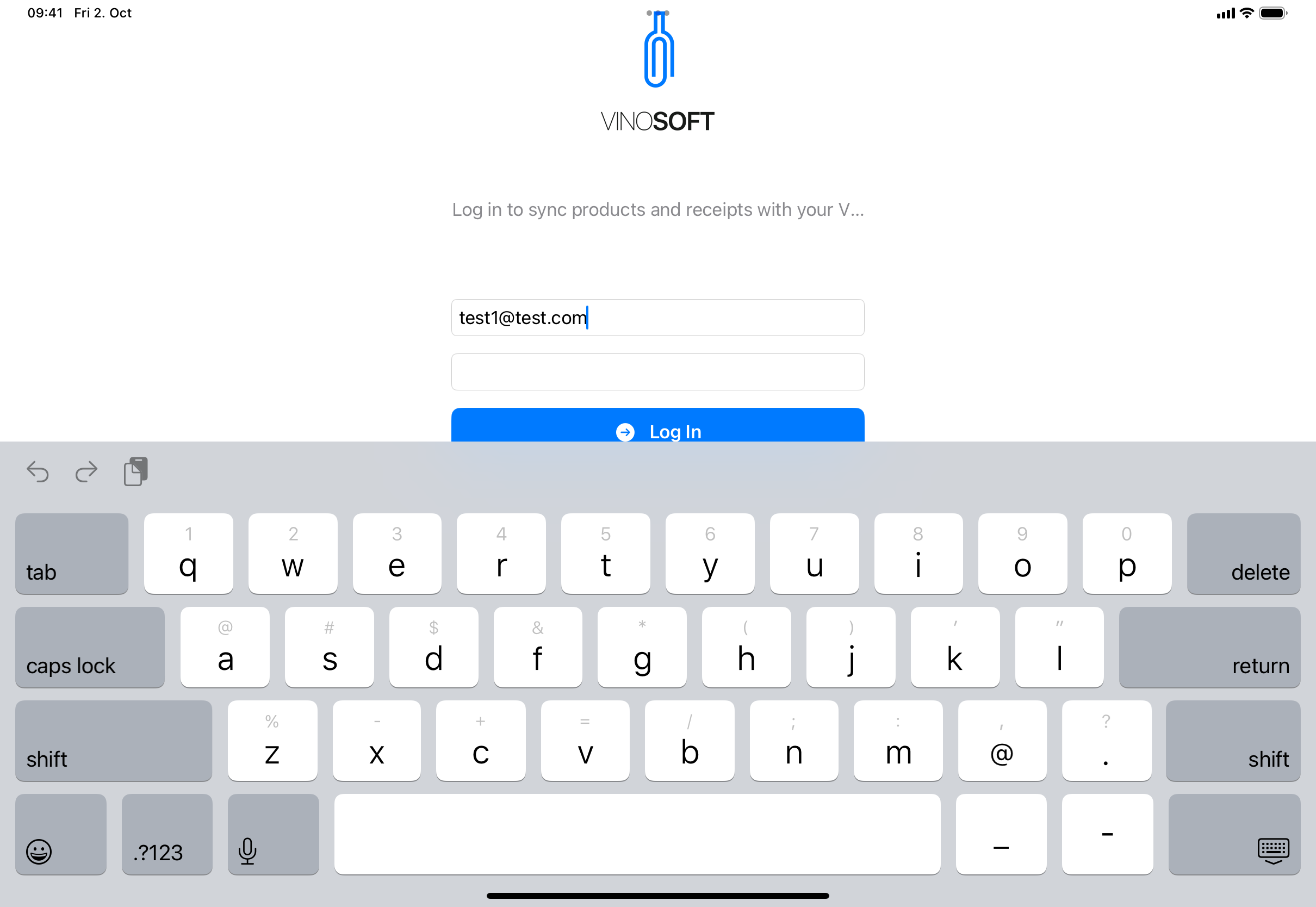 The Vinosoft POS login screen with the email and password fields and the blue Log In button.
