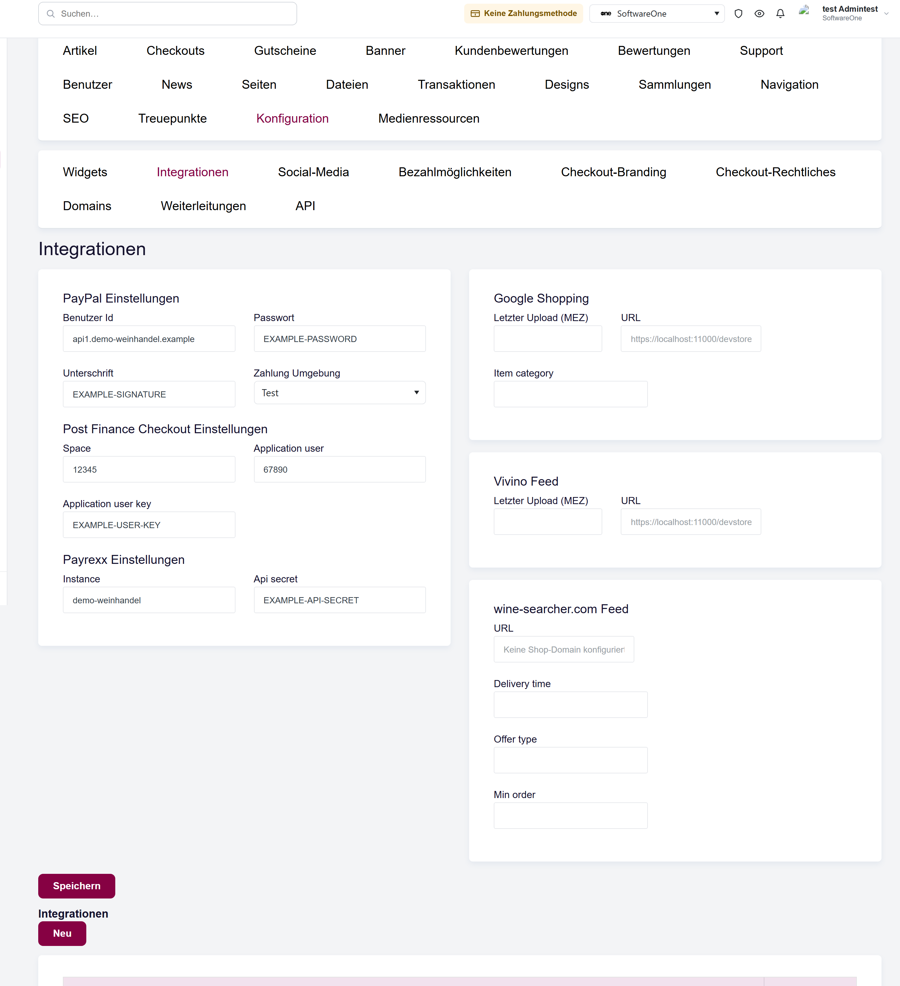 Der Bildschirm Integrationen mit den Zahlungsanbieter-Einstellungen links und den Feed-URLs sowie der Liste eigener Integrationen rechts.