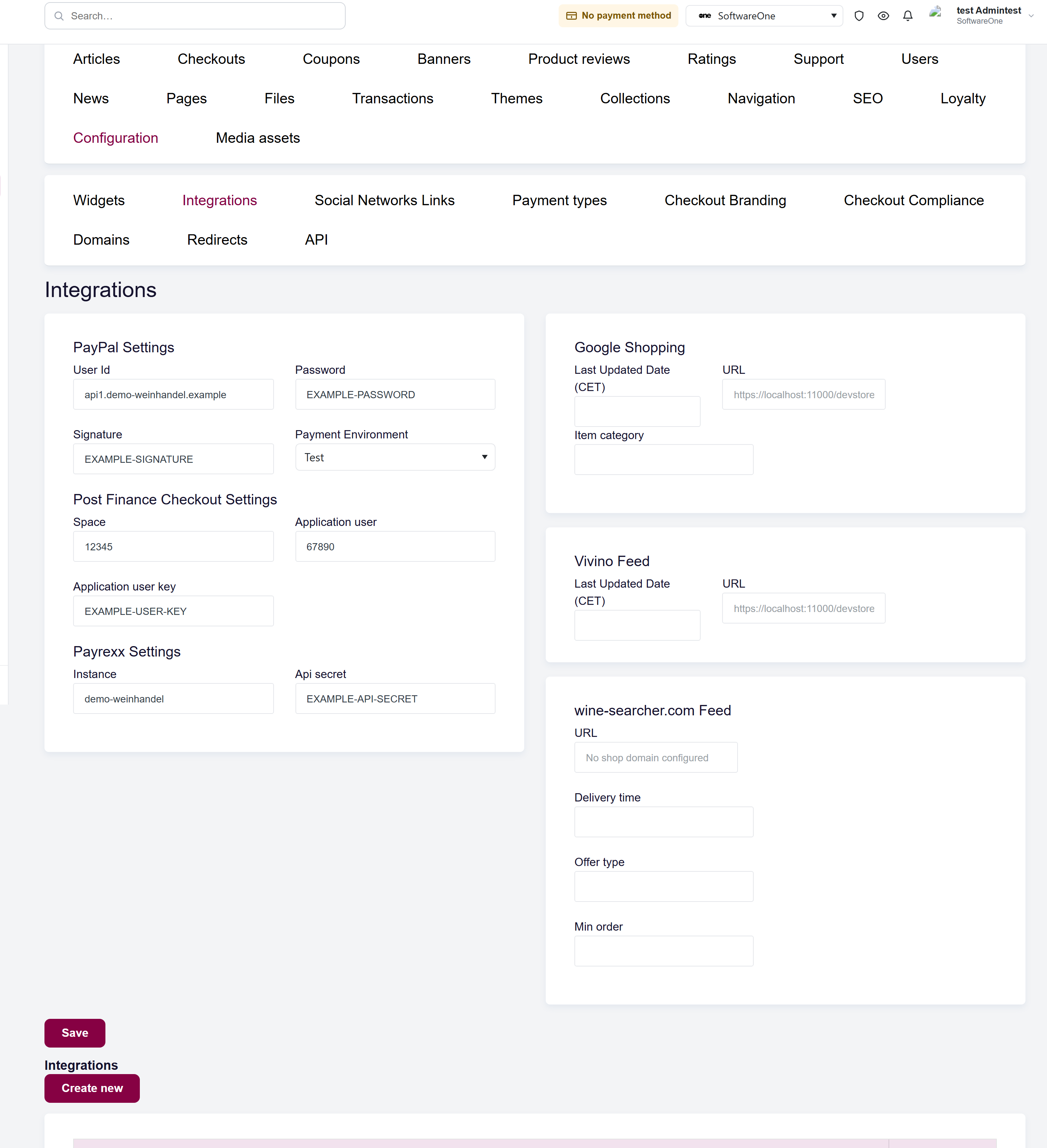 url: shop/integrations
steps:
  - fill: input[name="PayPalSetting.UserId"]|api1.demo-weinhandel.example
  - fill: input[name="PayPalSetting.Password"]|EXAMPLE-PASSWORD
  - fill: input[name="PayPalSetting.Signature"]|EXAMPLE-SIGNATURE
  - fill: input[name="PostFinanceCheckountSetting.SpaceId"]|12345
  - fill: input[name="PostFinanceCheckountSetting.ApplicationUserId"]|67890
  - fill: input[name="PostFinanceCheckountSetting.ApplicationUserKey"]|EXAMPLE-USER-KEY
  - fill: input[name="PayrexxSettings.Instance"]|demo-weinhandel
  - fill: input[name="PayrexxSettings.ApiSecret"]|EXAMPLE-API-SECRET
The Integrations screen with the payment provider settings on the left and the feed URLs and custom integrations list on the right.
