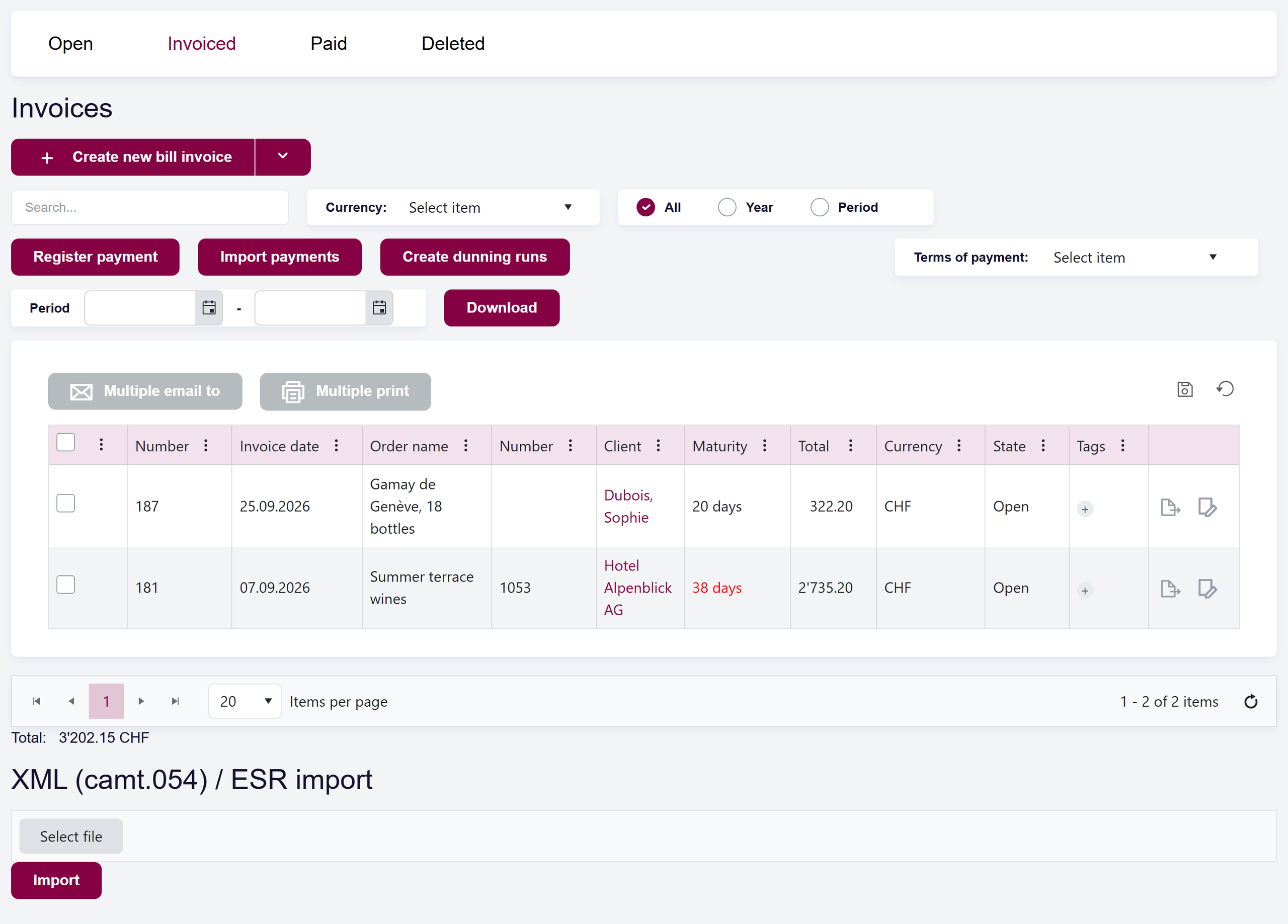 url: invoices/invoice?section=InProgress
steps:
  - wait: #grid tbody tr
  - script: (() => { const ds = $("#grid").data("kendoGrid").dataSource; ds.data(ds.data().toJSON().filter(r => /Alpenblick|Dubois/.test(JSON.stringify(r)))); })()
  - waitms: 800
crop: ul.main-tabs, .content-container
The Invoiced tab with two invoices, one of them overdue with its Maturity shown in red, and the State column.