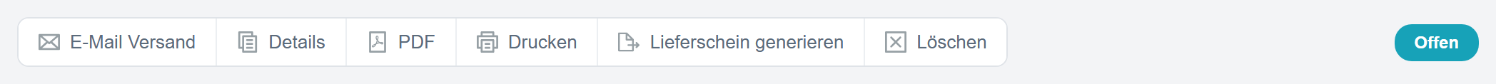 Die Aktionsleiste einer offenen Rechnung mit E-Mail Versand, Details, PDF und Drucken und dem Badge Offen rechts.