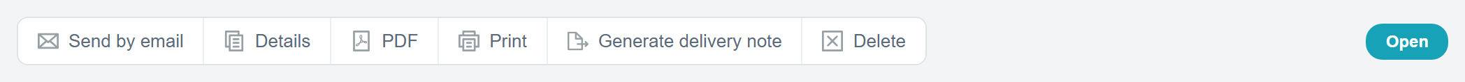 url: invoices/invoice
steps:
  - openRow: Bianchi
  - wait: .document-action-bar
crop: .document-action-bar
The action bar of an open invoice with Send by email, Details, PDF and Print, and the Open badge on the right.