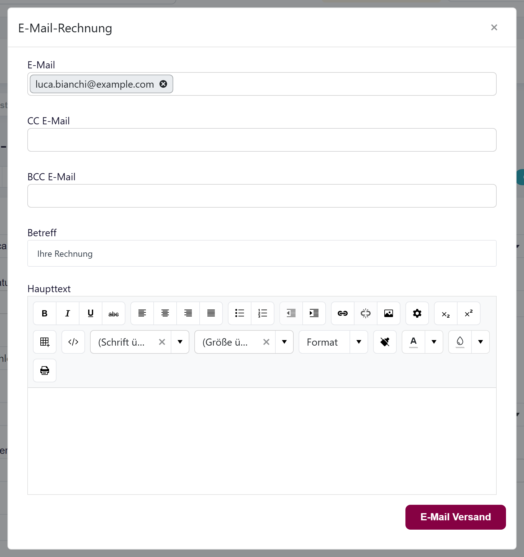 Das E-Mail-Fenster der Rechnung mit ausgefülltem Empfänger und Betreff und dem Texteditor.