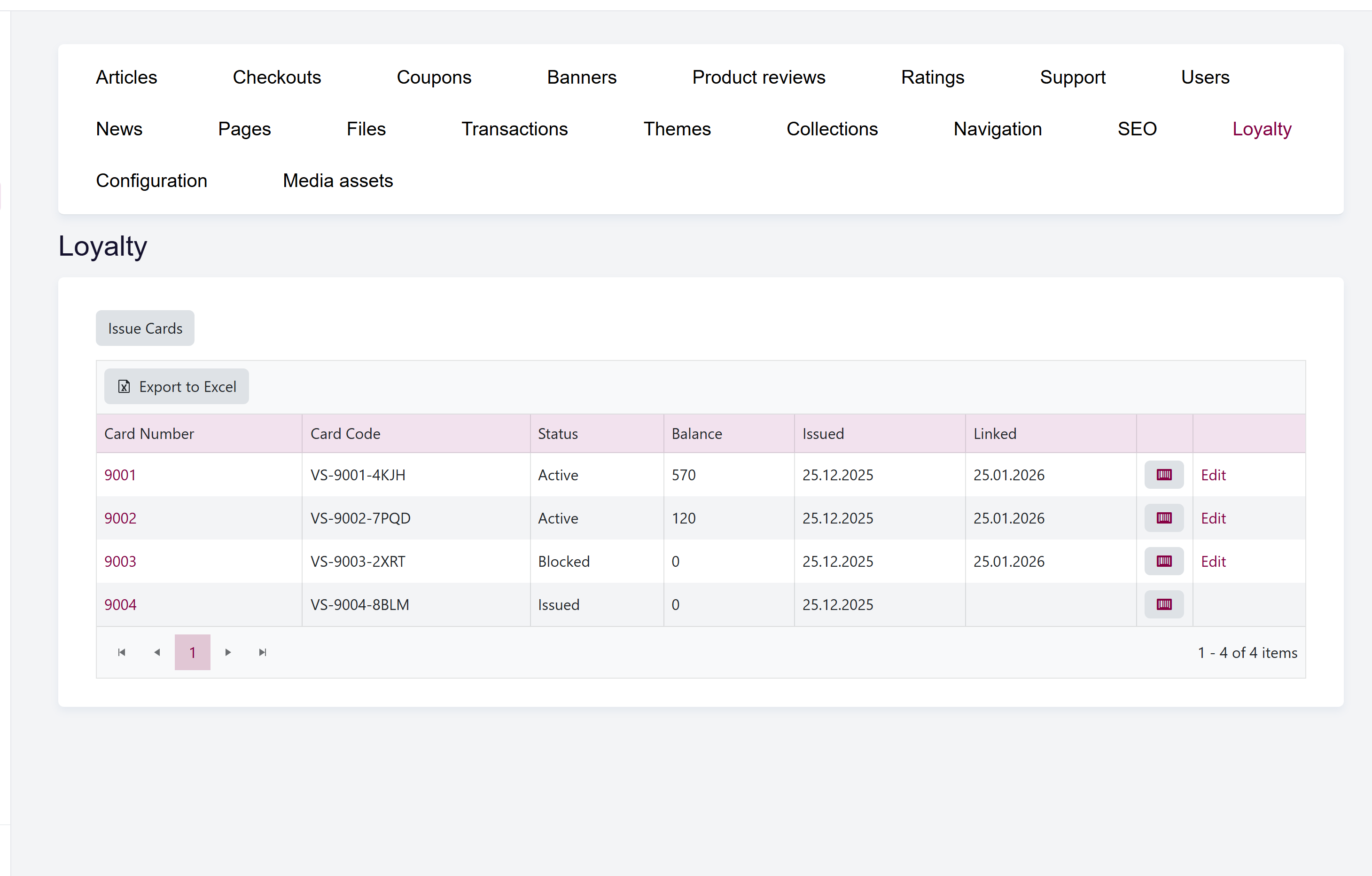 url: shop/loyalty
The Loyalty overview grid with columns for card number, card code, status, balance, issued date, and linked date.