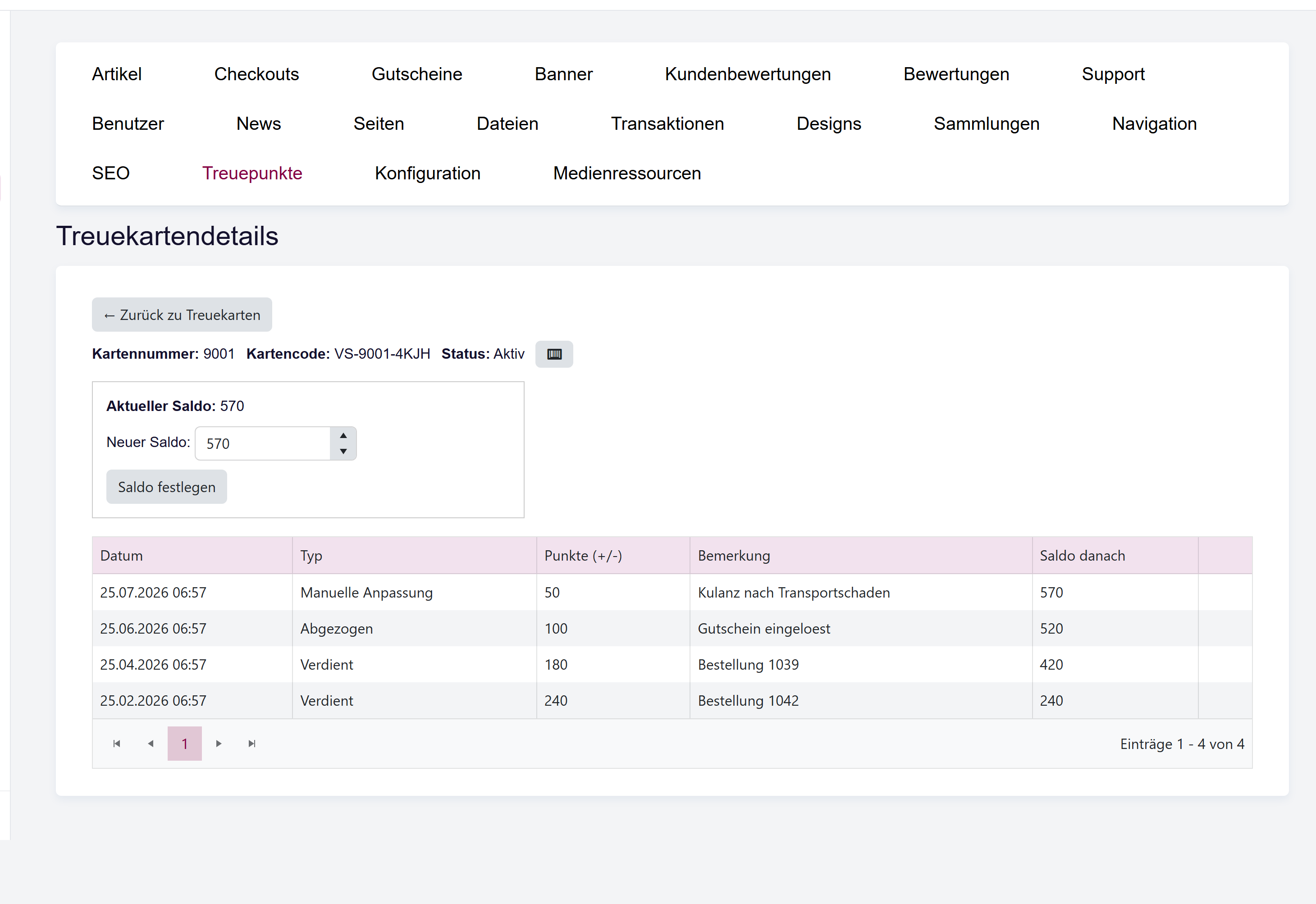 Die Detailseite einer Karte mit dem aktuellen Punktestand und der Tabelle der Punktebewegungen darunter.