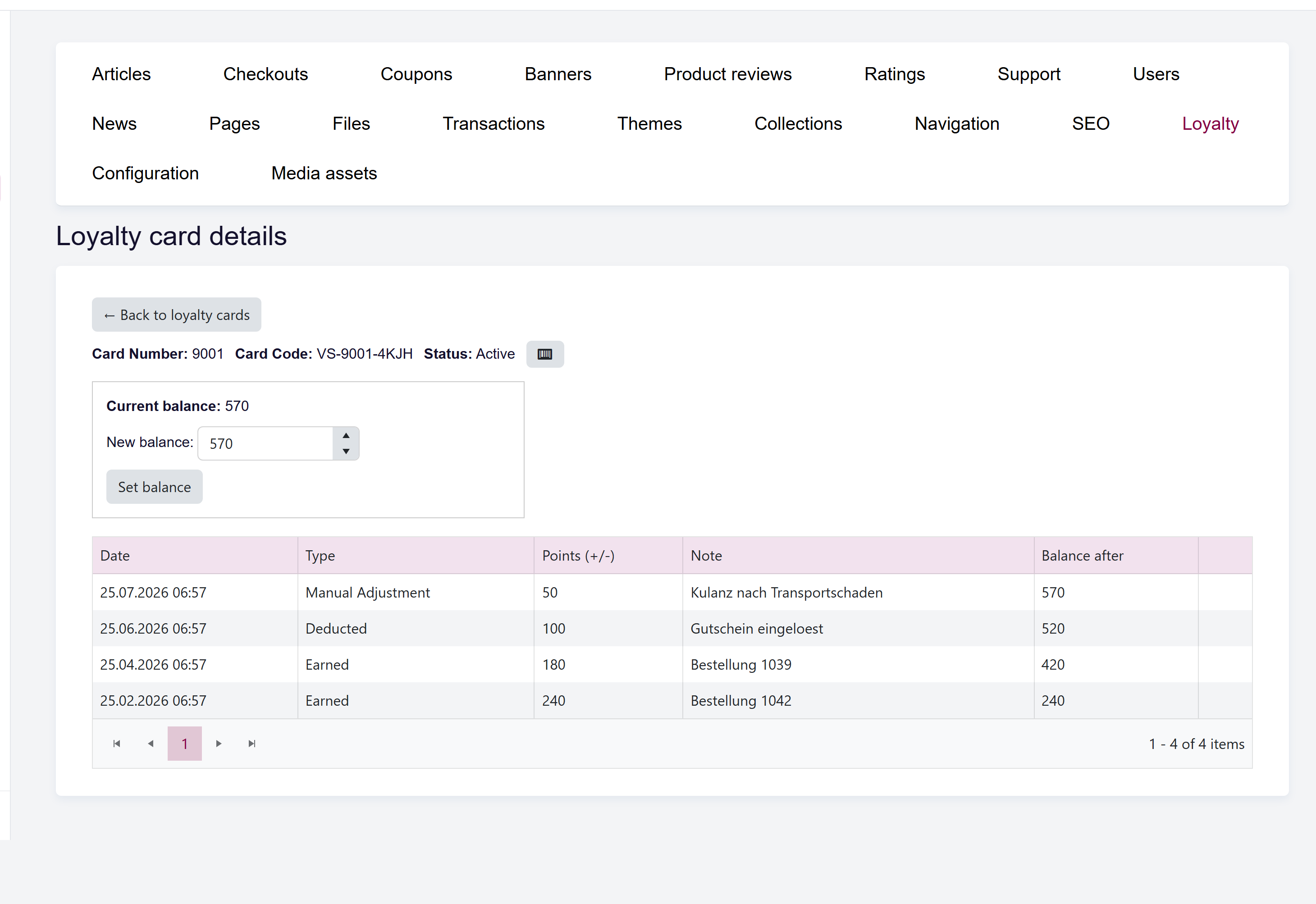 url: shop/loyalty
steps:
  - openFirst: a[href*="/shop/loyalty/details/" i]
A card's Details page with the current balance and the points-movements grid below it.