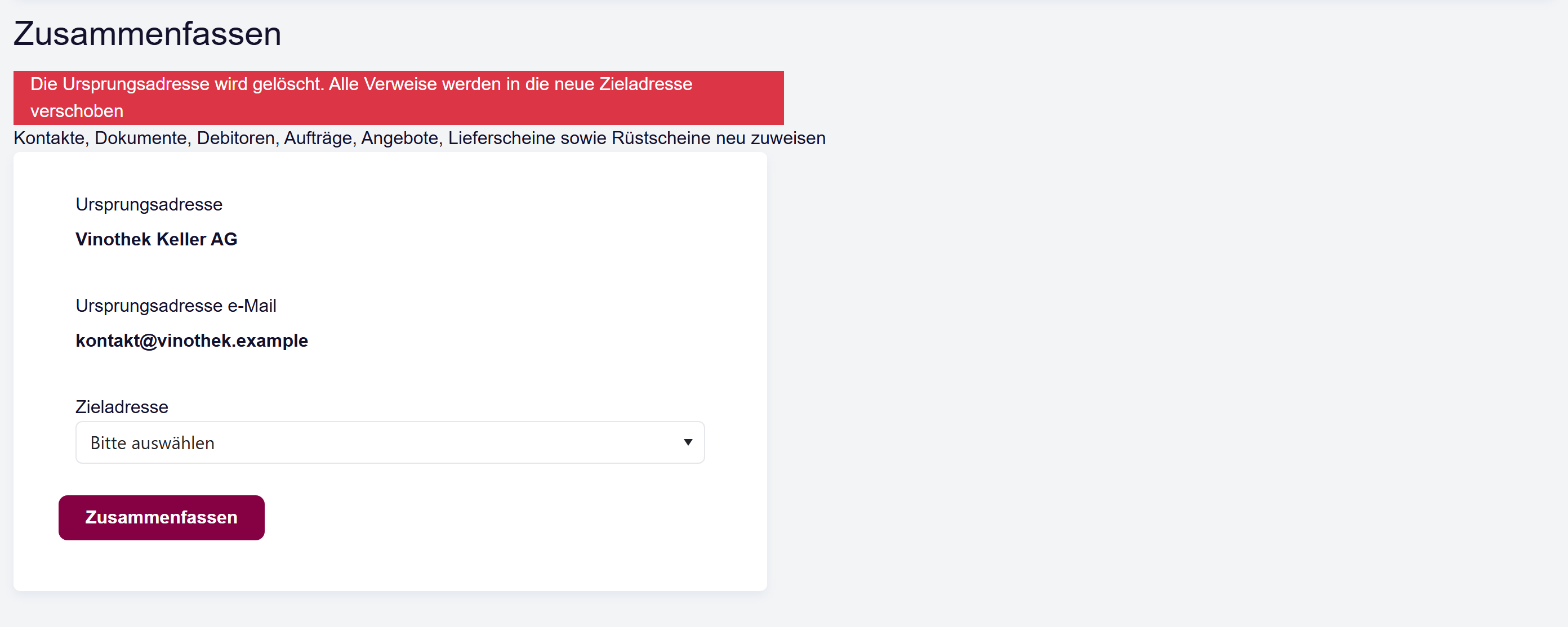 Der Bildschirm «Zusammenfassen», geöffnet von einem Kunden aus, mit dem Feld zur Auswahl des doppelten Datensatzes.
