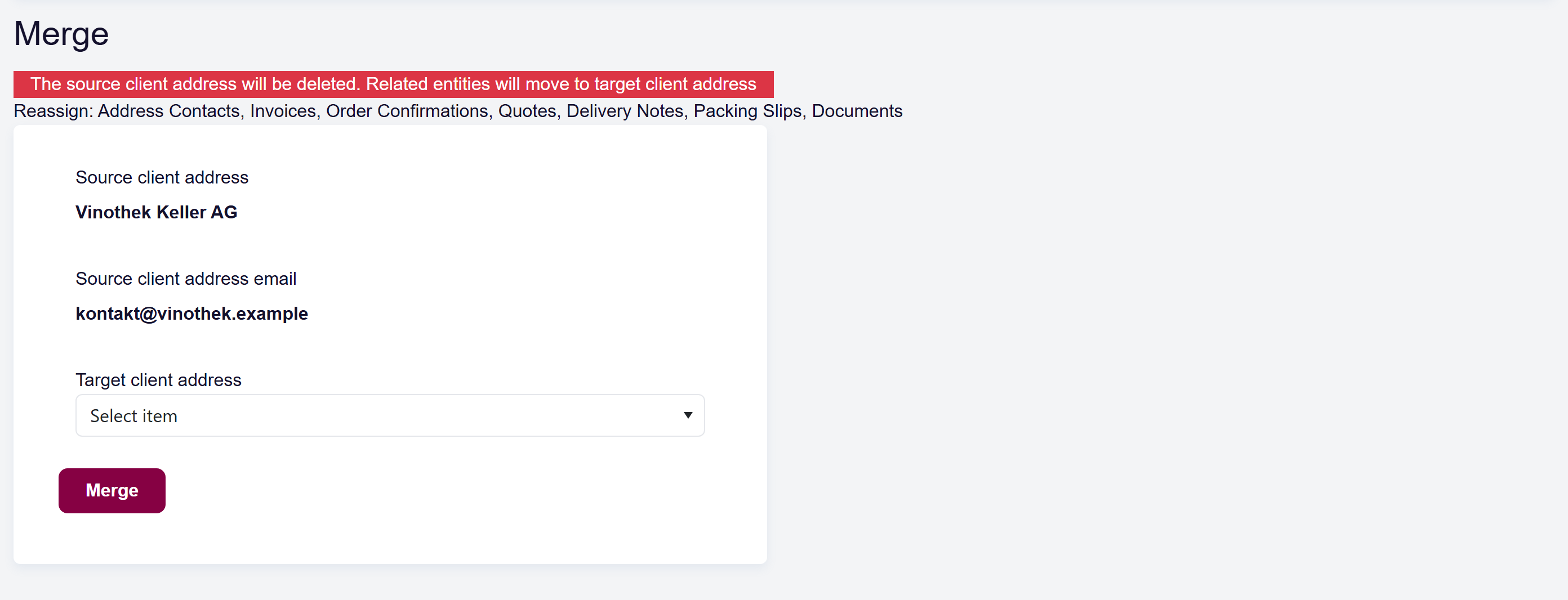 url: addresses/clientaddress
steps:
  - openFirst: a.grid-action-item[href*="/clientaddress/edit/" i]
  - openFirst: a.button-link[href*="/clientaddress/merge/" i]
crop: .content-container
The Merge screen opened from a customer, with the field to select the duplicate record.