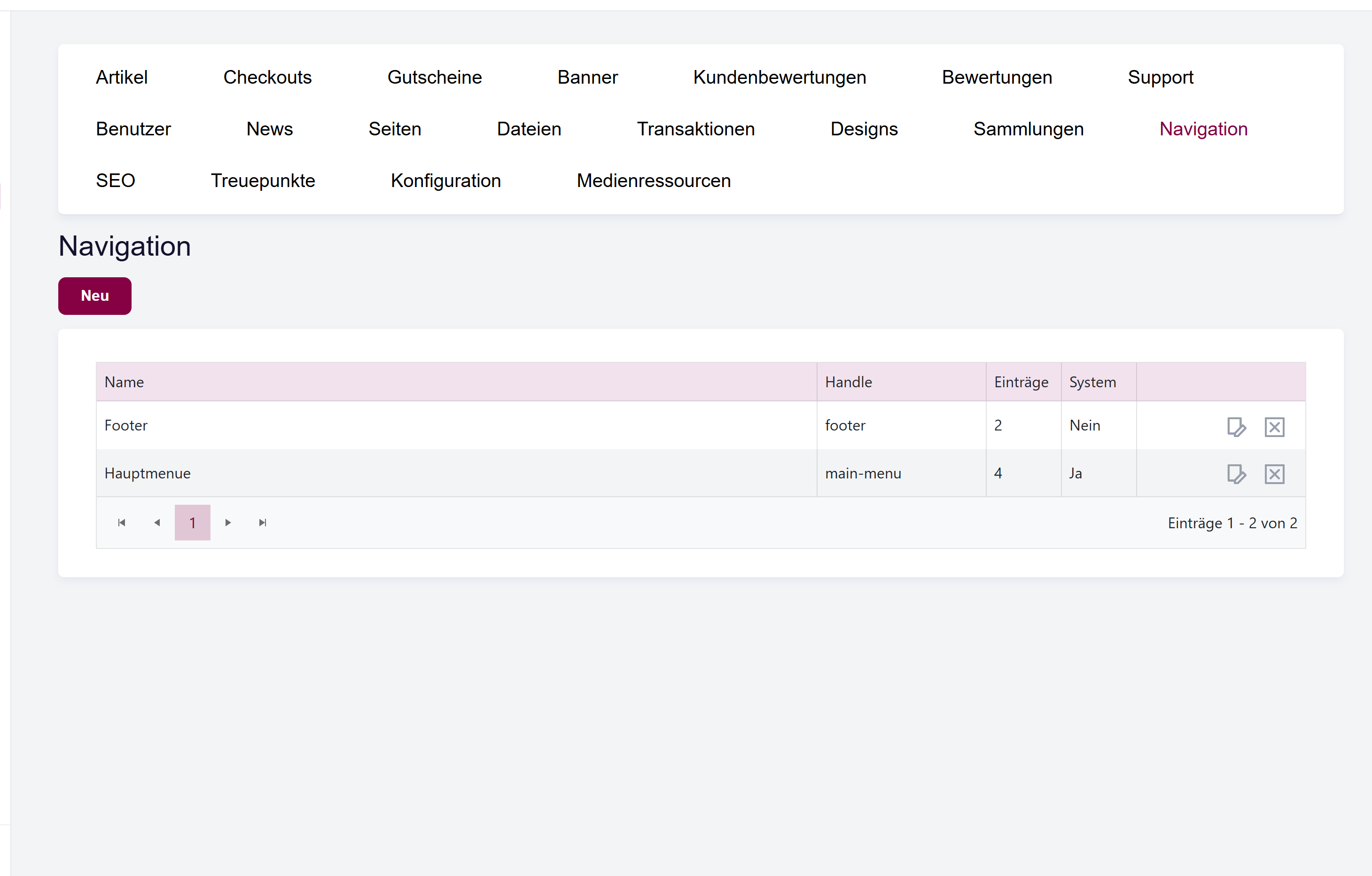 Der Bildschirm Navigation mit der Liste der Menüs, jeweils mit Name, Handle, Anzahl Einträge und Kennzeichnung als Systemmenü.