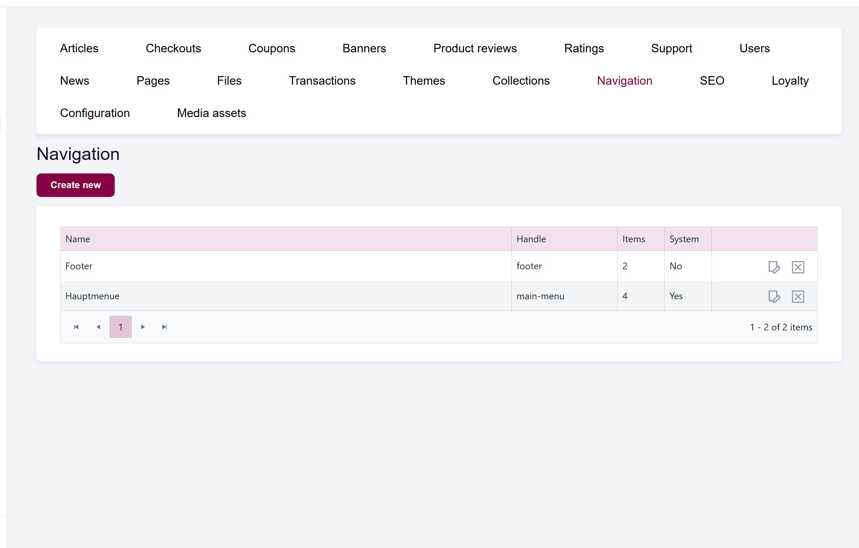 url: shop/navigation
The Navigation screen with the list of menus, each showing its name, handle, item count, and whether it's a system menu.