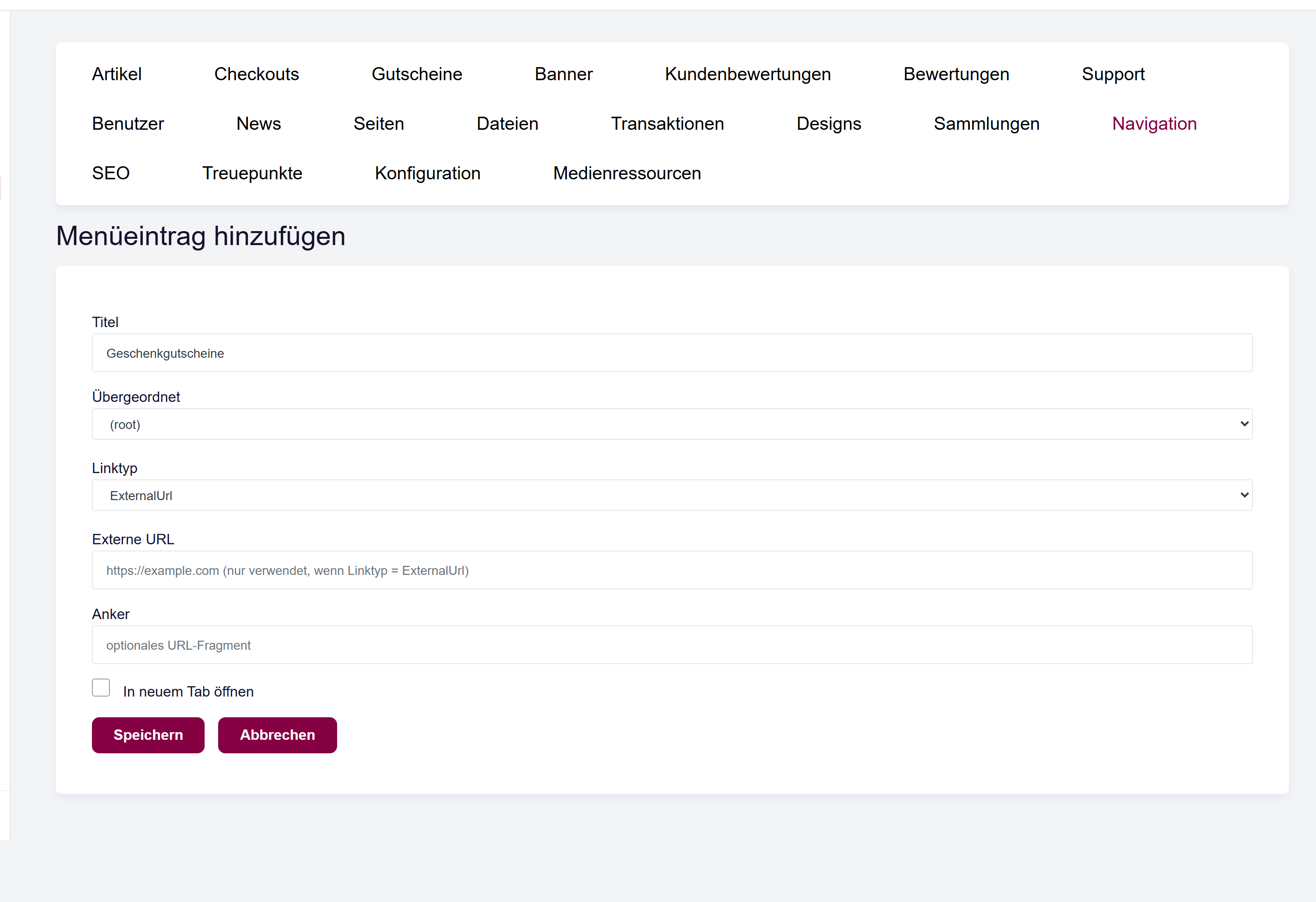 Das Eintragsformular mit Titel, Übergeordnet, Linktyp sowie den Feldern für externe URL bzw. Ziel.