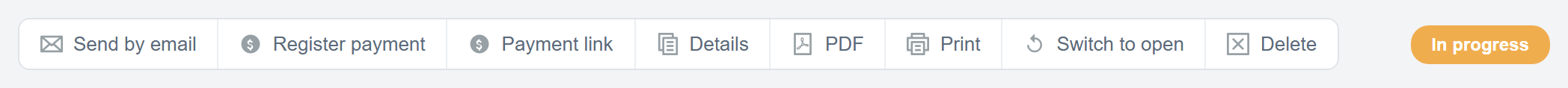url: invoices/invoice?section=InProgress
steps:
  - openFirst: a[href*="/invoice/edit/" i]
crop: .document-action-bar
The invoice action bar with the Payment link action.