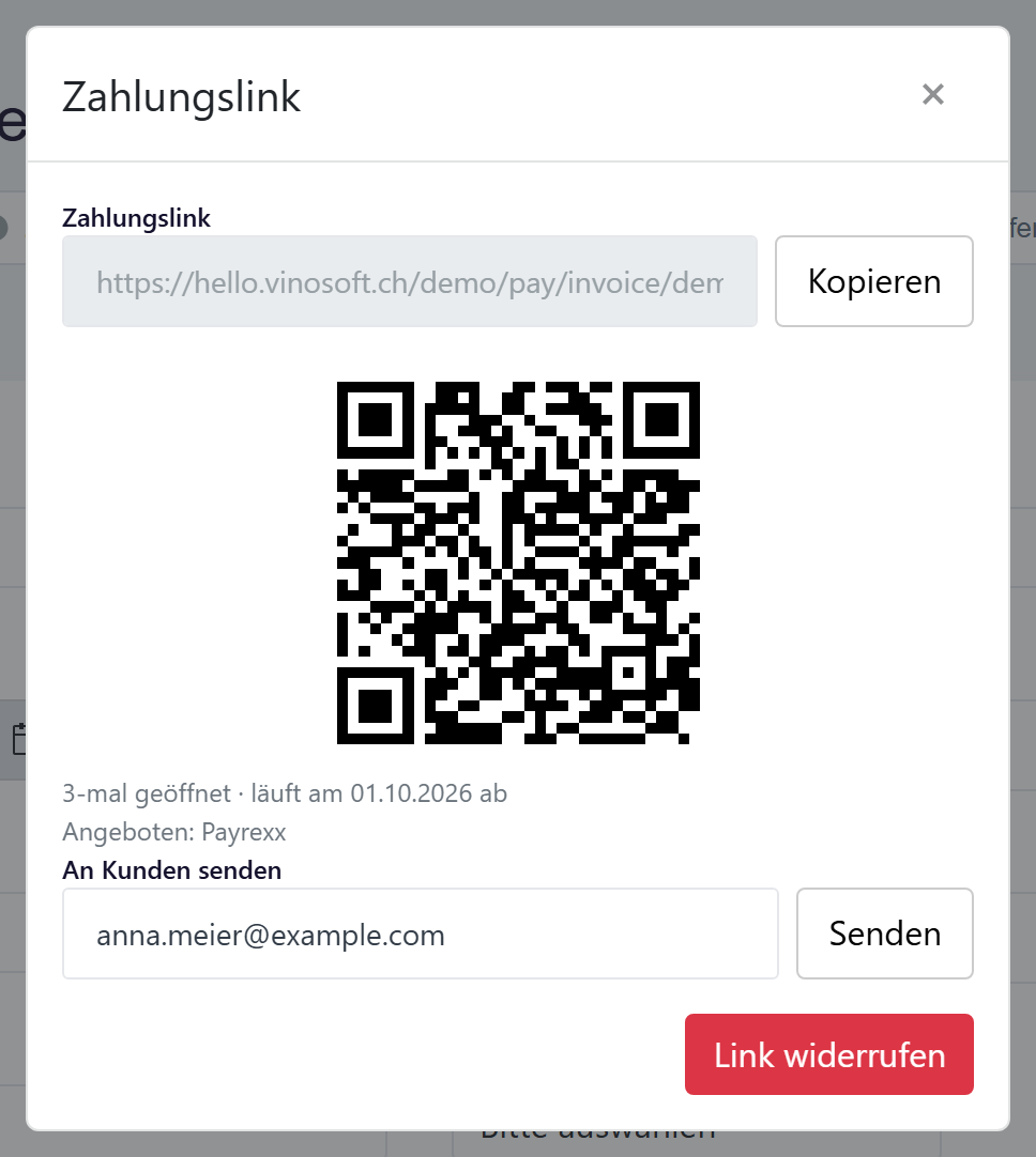 Das Fenster «Zahlungslink» mit aktivem Link: die Adresse mit der Schaltfläche «Kopieren», der QR-Code, die Statuszeile, die angebotenen Zahlungsarten, das Feld «An Kunden senden» und die Schaltfläche «Link widerrufen».
