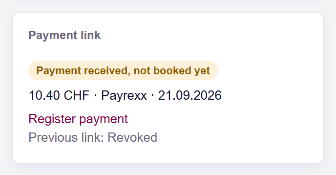 url: invoices/invoice?section=InProgress
steps:
  - openRow: 46
  - wait: .doc-rail__badge--warn
crop: section.doc-rail__card:has(.doc-rail__badge--warn)
The invoice rail card showing "Payment received, not booked yet" with the amount, method and date, and the Register payment link.