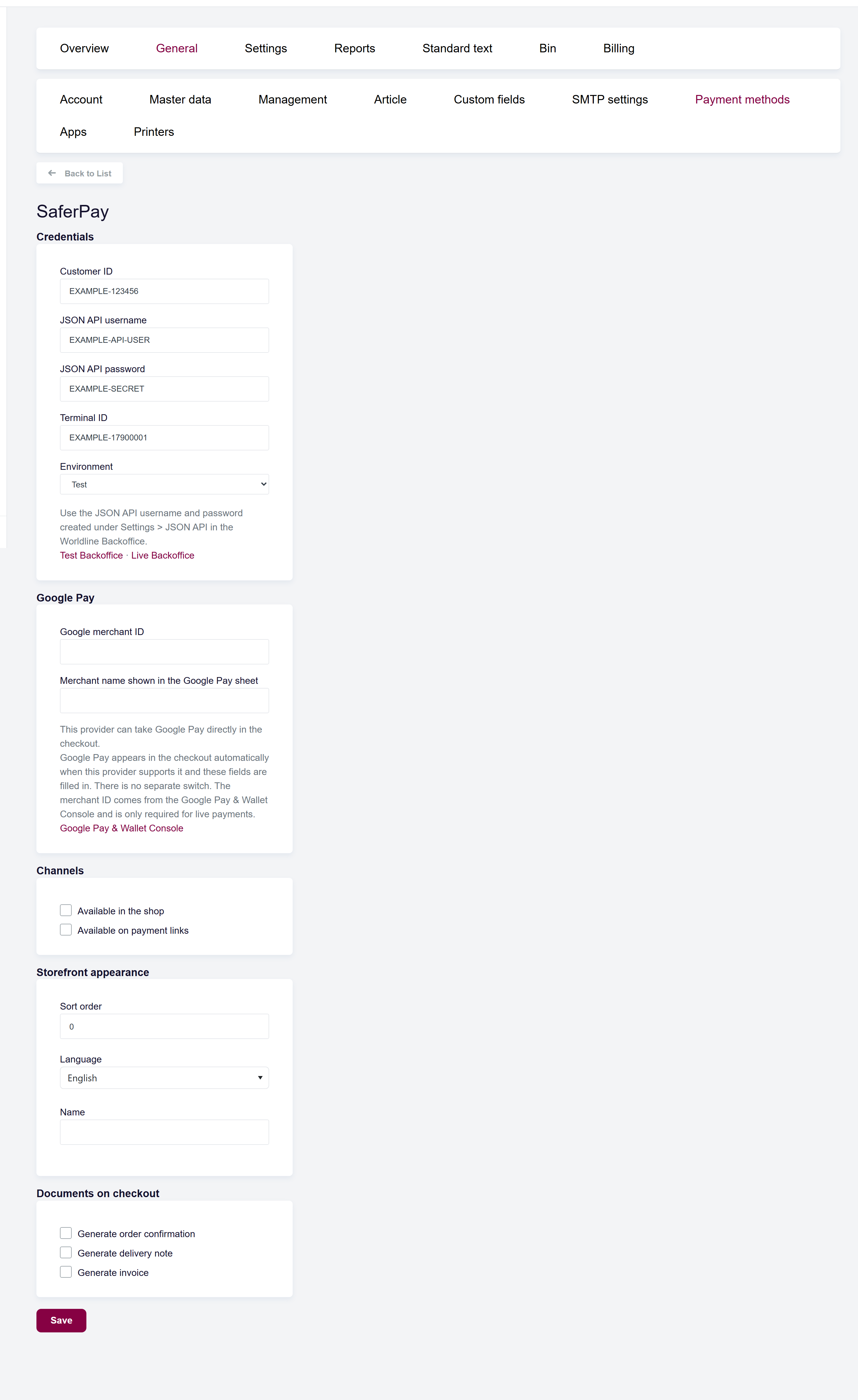 url: configuration/paymentmethods/edit?type=7
steps:
  - fill: input[name="SaferPay.CustomerId"]|EXAMPLE-123456
  - fill: input[name="SaferPay.Username"]|EXAMPLE-API-USER
  - fill: input[name="SaferPay.Password"]|EXAMPLE-SECRET
  - fill: input[name="SaferPay.TerminalId"]|EXAMPLE-17900001
maxheight: 2400
The Configure page for a payment provider, with its Credentials, Channels, Storefront appearance and Documents on checkout sections.