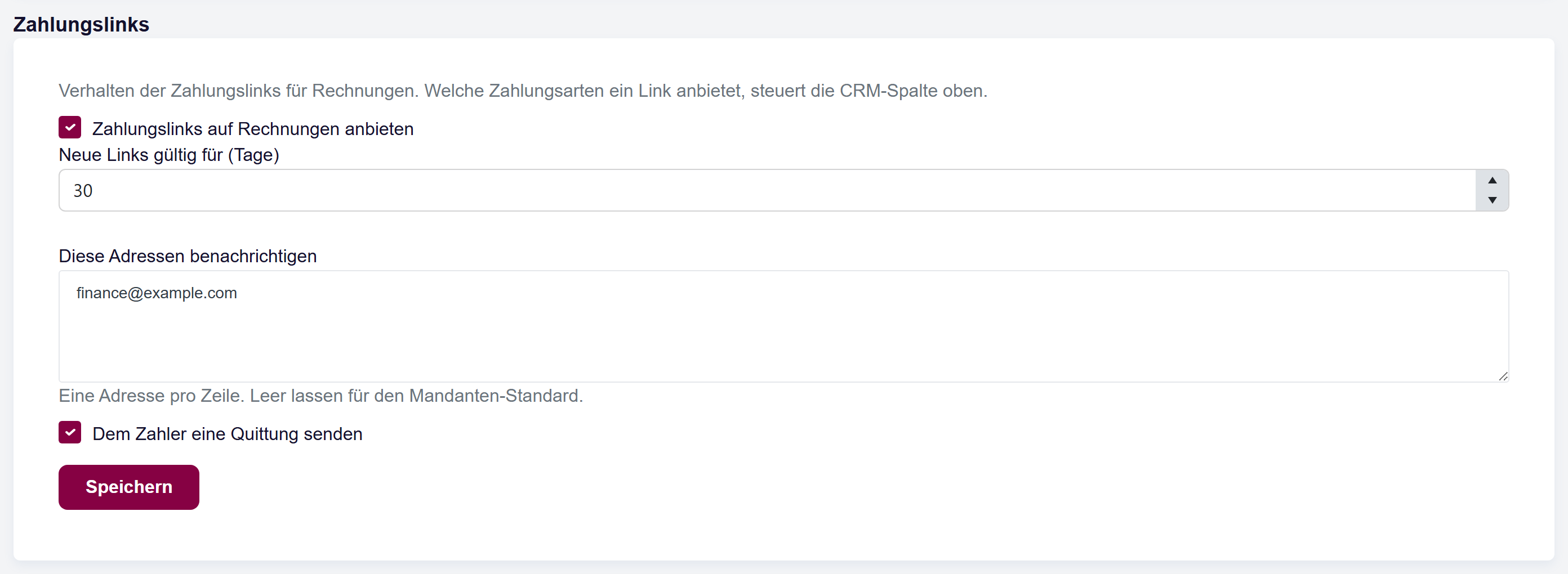 Der Block «Zahlungslinks» mit dem Schalter, der Gültigkeitsdauer, den Benachrichtigungsadressen und der Option für die Quittung an den Zahler.