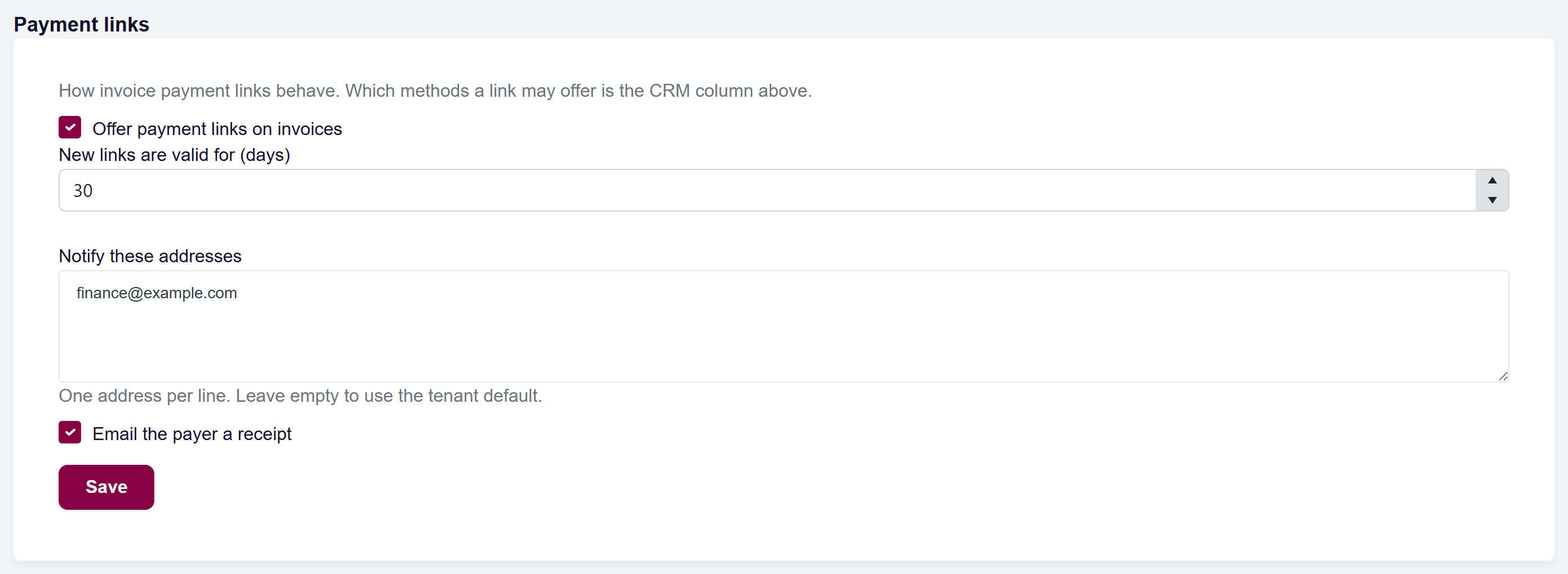 url: configuration/paymentmethods
crop: h3, h3 + .form-wrapper
The Payment links block, with the offer switch, the link lifetime, the notification addresses and the payer-receipt option.