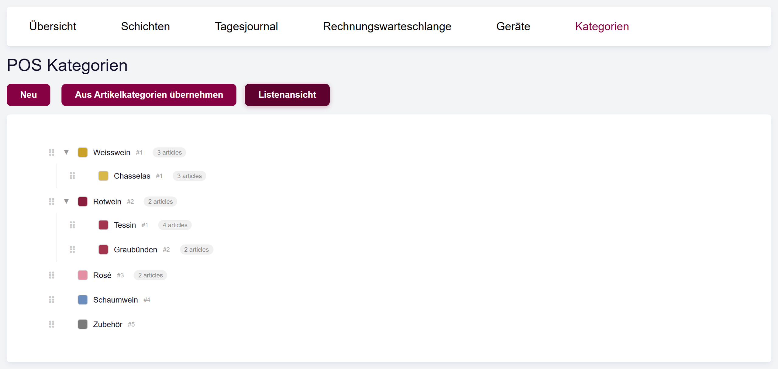 Die Baumansicht der Kassenkategorien mit Ziehgriffen und den Unterkategorien unter Weisswein und Rotwein.