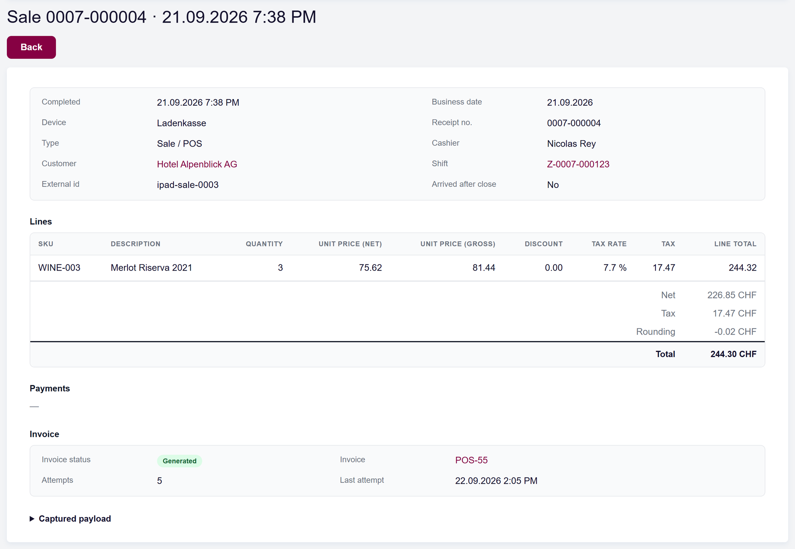 url: pos/sale
steps:
  - waitms: 1000
  - click: #posSaleGrid tr:has-text("0007-000004") a[href*="details" i]
  - wait: .content-container h2
  - script: (function () { const m = { 'admin@cloudwawi.local': 'Andrea Bühler', 'anna@local': 'Nicolas Rey', 'bruno@local': 'Sandra Meier' }; const w = document.createTreeWalker(document.querySelector('#content'), NodeFilter.SHOW_TEXT); let n; while ((n = w.nextNode())) { for (const k in m) if (n.nodeValue.includes(k)) n.nodeValue = n.nodeValue.split(k).join(m[k]); } })()
  - script: document.querySelectorAll('#content a[href*="clientaddress" i]').forEach(a => { a.textContent = 'Hotel Alpenblick AG'; })
crop: .content-container
maxheight: 2000
A sale's detail page: header fields, the lines, the payments and the Invoice block with its status and link.