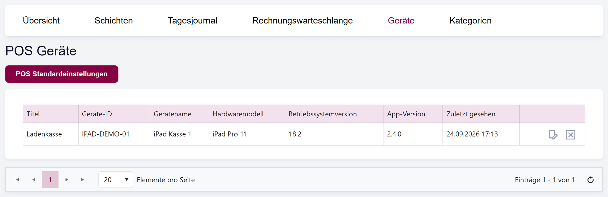 Die Liste POS Geräte mit der Schaltfläche POS Standardeinstellungen und einer Kasse mit Titel, Geräte-ID, Gerätename, Hardwaremodell, Betriebssystem- und App-Version und dem Zeitpunkt, wann sie zuletzt gesehen wurde.