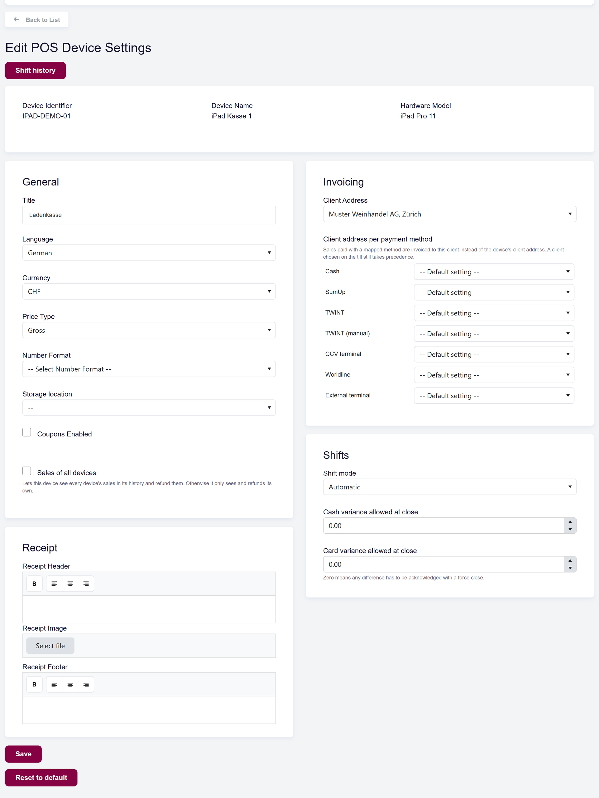 url: pos/device/edit/55500001-0000-0000-0000-000000000001
crop: .content-container
maxheight: 2600
The Edit POS Device Settings page with the General, Receipt, Invoicing and Shifts sections.