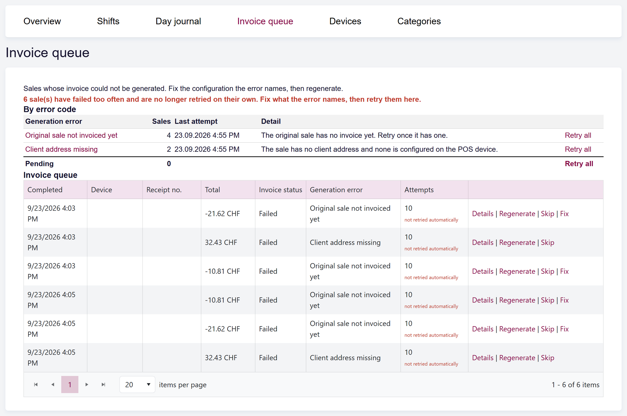 url: pos/queue
crop: ul.main-tabs, .content-container
maxheight: 1500
The Invoice queue: the By error code table with each cause, its number of sales and a Retry all link, and the queue of sales below with their attempts and the Details, Regenerate, Skip and Fix actions.