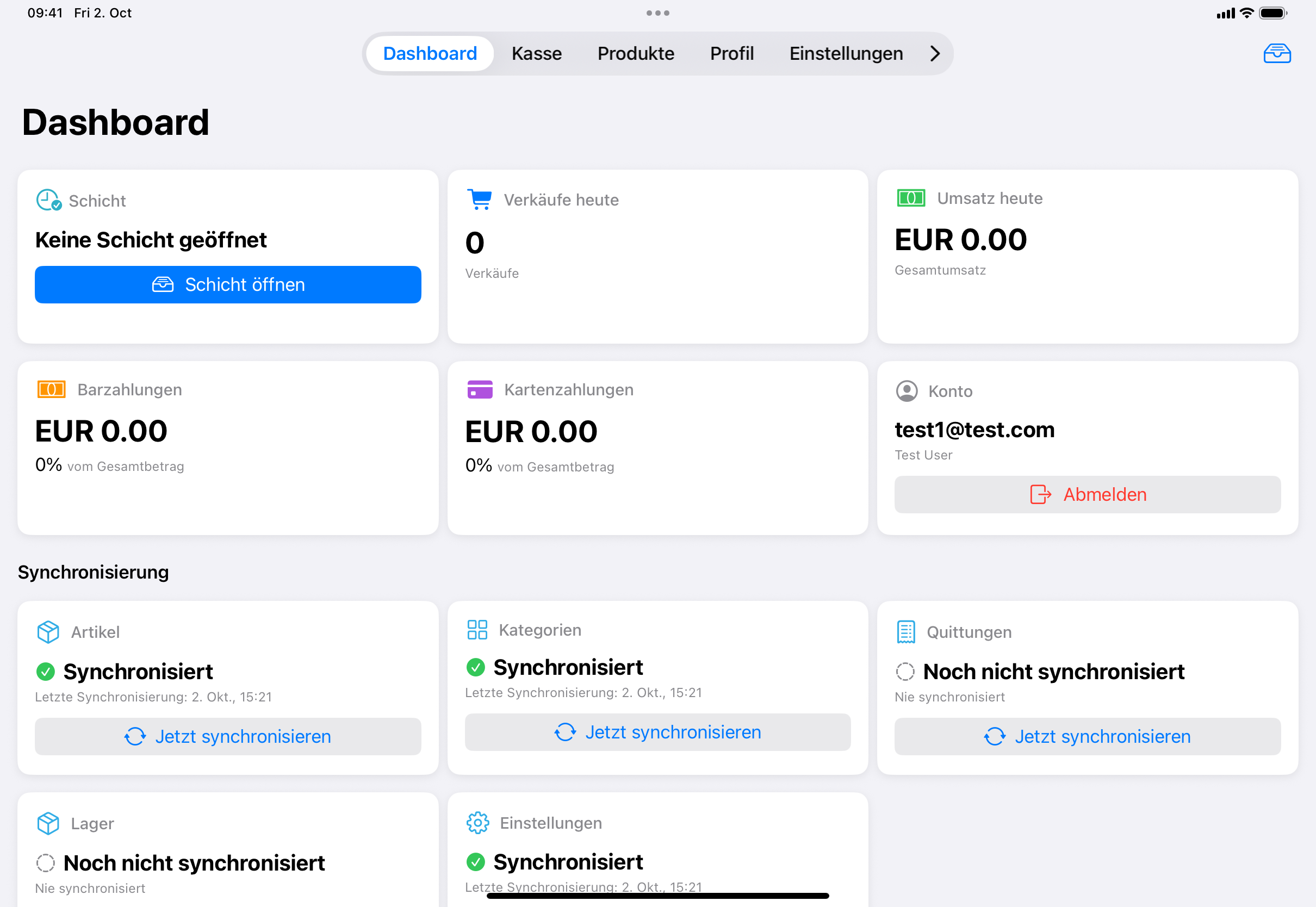 Das Dashboard der Vinosoft-POS-App auf einem iPad, oben die Reiterleiste (Dashboard, Kasse, Produkte, Profil, Einstellungen).