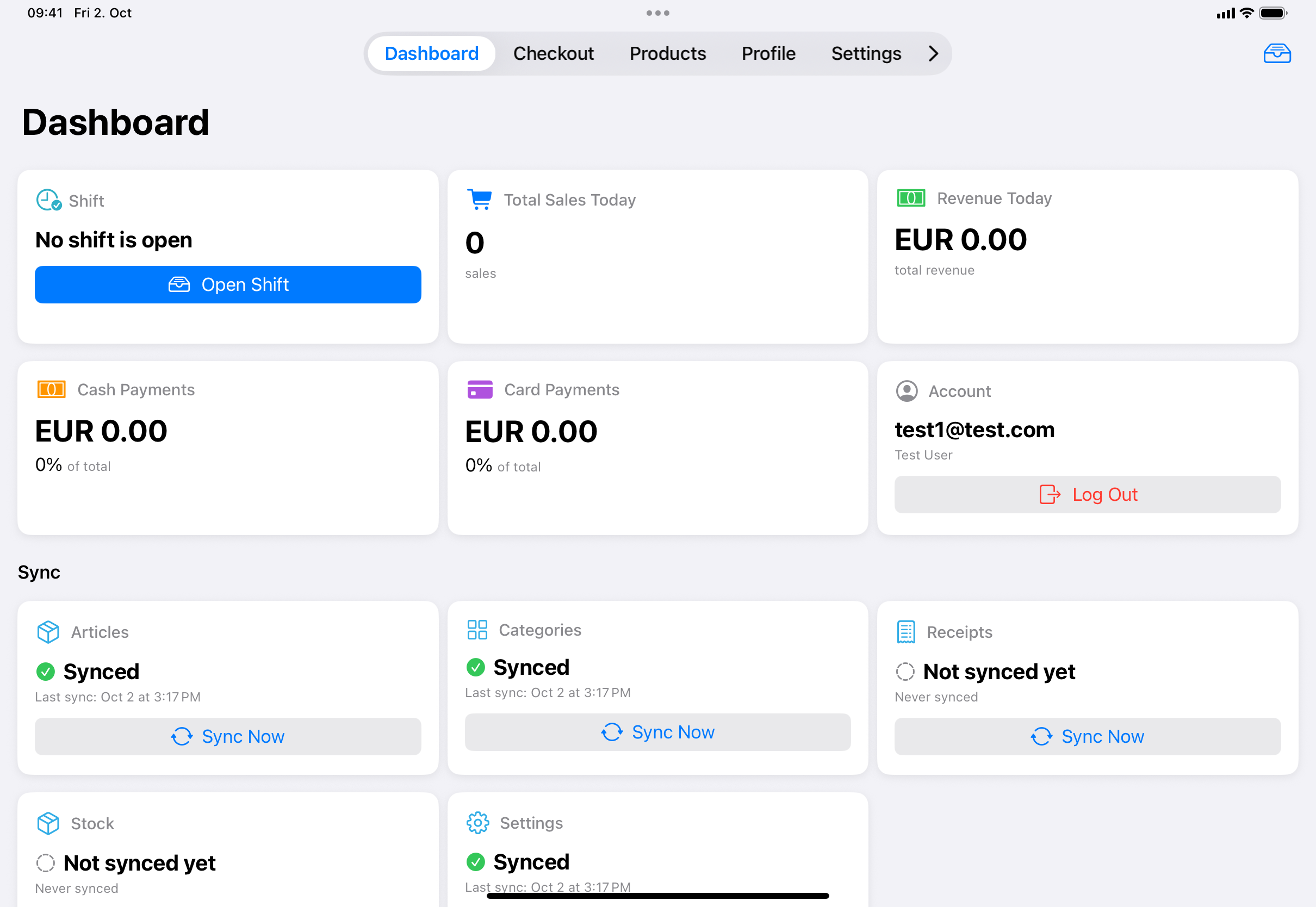 The Vinosoft POS dashboard on an iPad, with the tab bar (Dashboard, Checkout, Products, Profile, Settings) at the top.