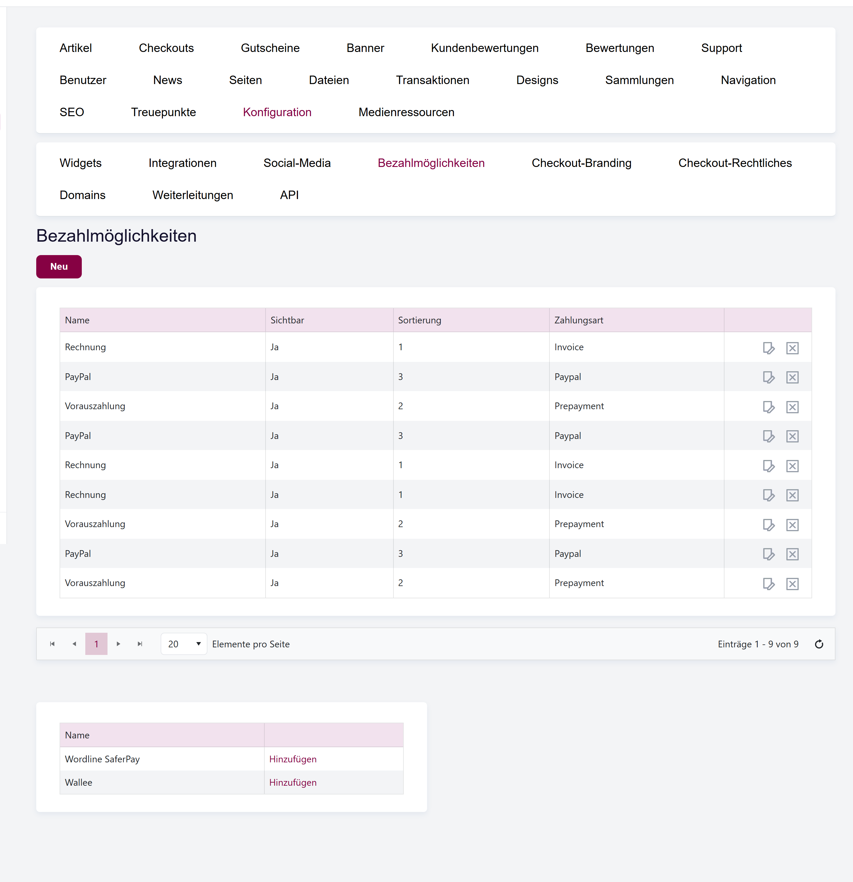 Die Liste **Shop → Konfiguration → Zahlungsarten**, die zeigt, welche Zahlungsarten aktuell für Kundinnen und Kunden im Shop sichtbar sind.