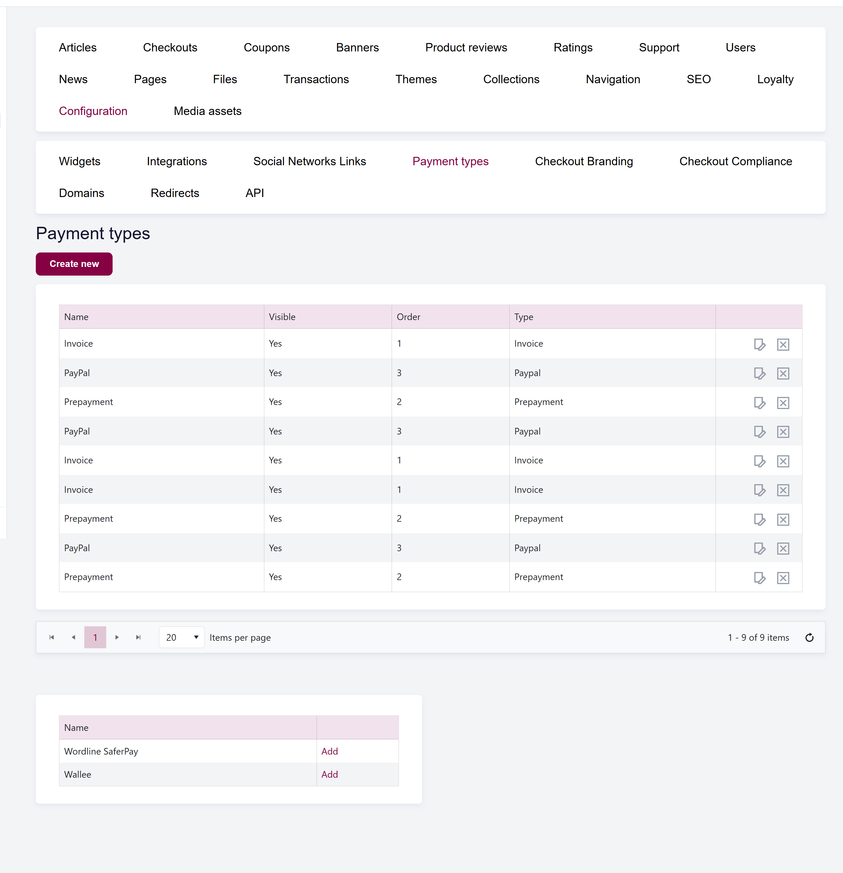 url: shop/paymenttypes
The **Shop → Configuration → Payment types** list, showing which payment types are currently visible to customers in the storefront.