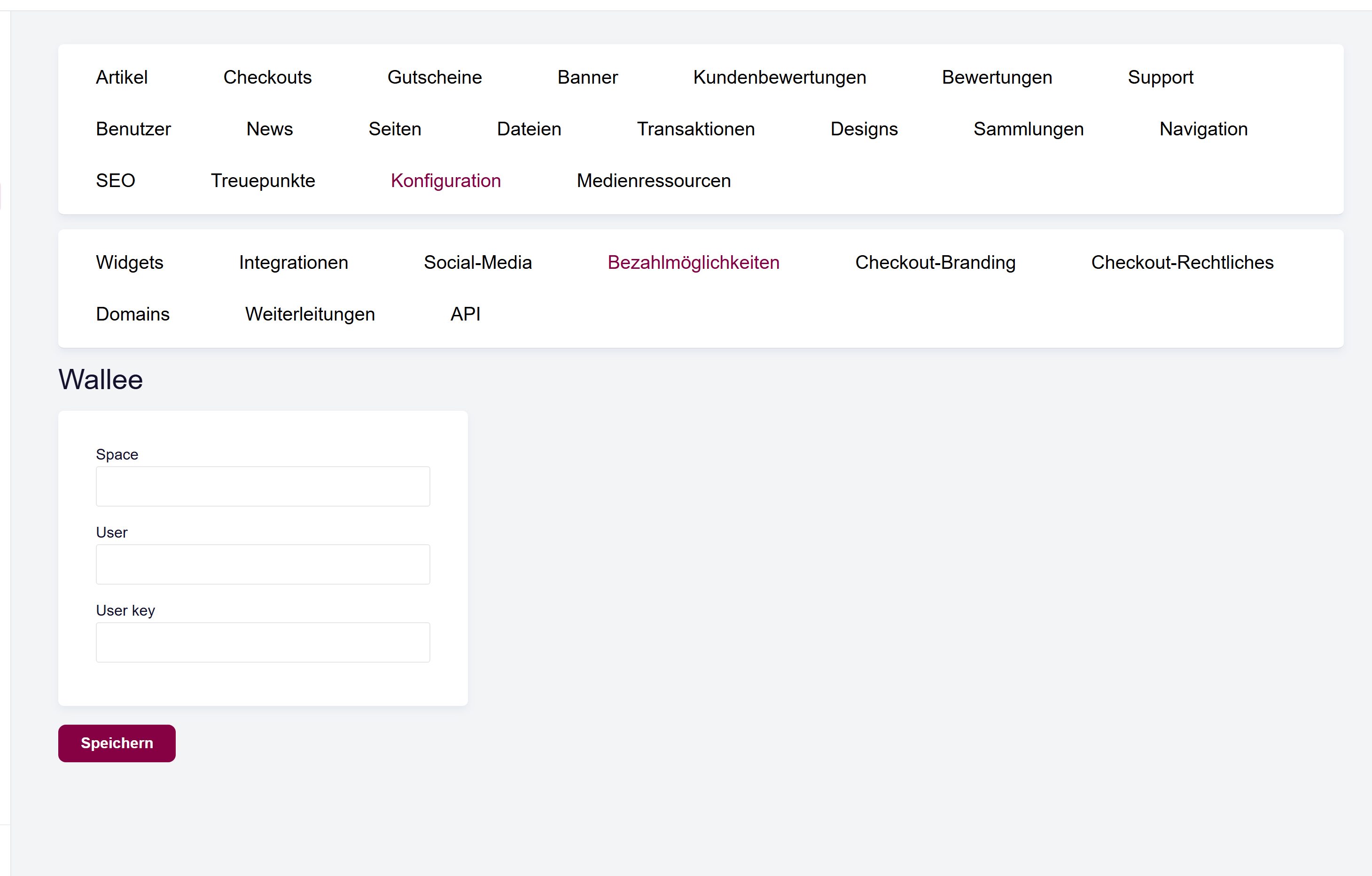 Die Liste der Zahlungsarten mit dem Eintrag Wallee sowie das Wallee-Einstellungsformular mit den Feldern Space ID, User ID und User Key.