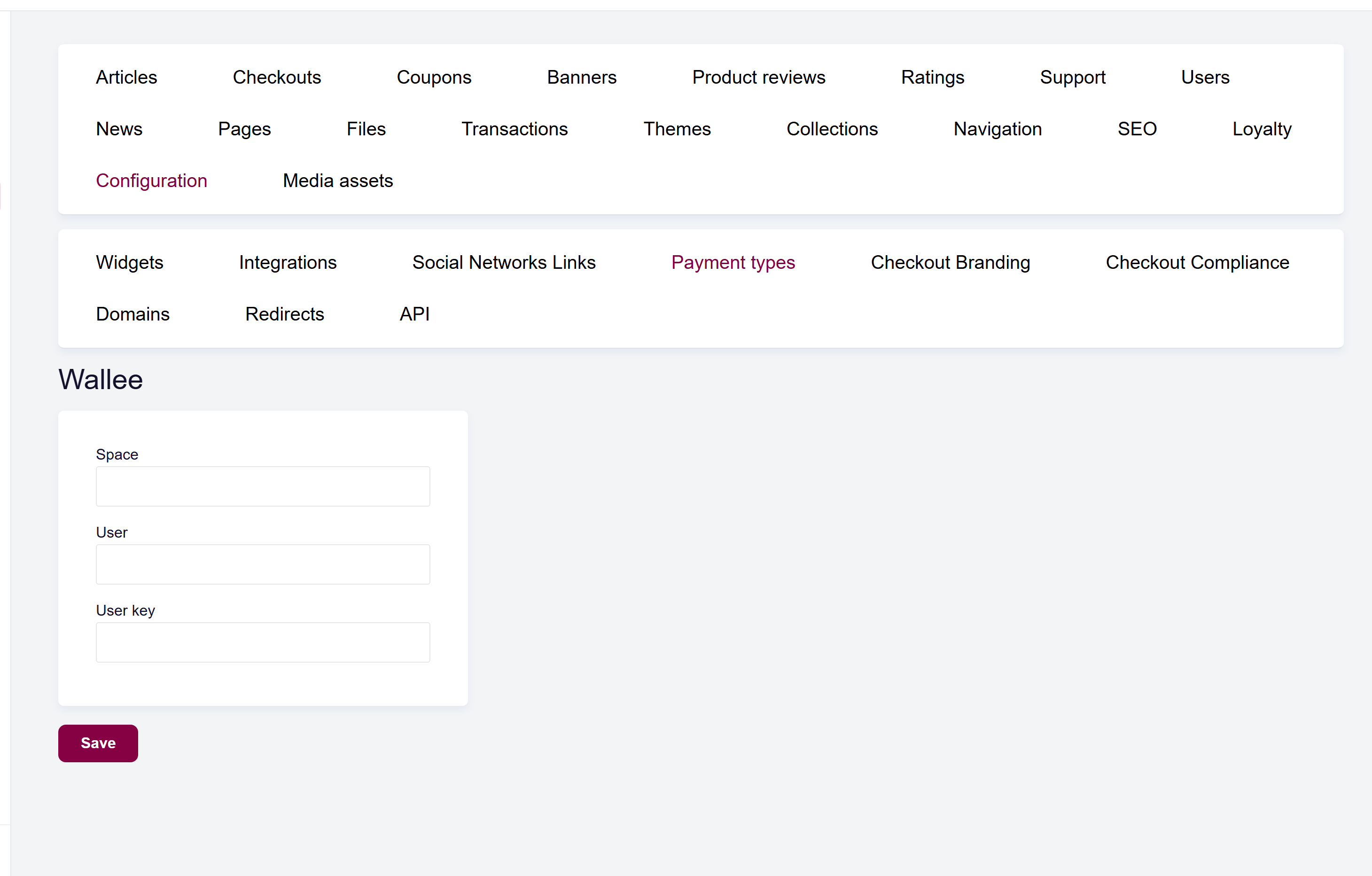 url: shop/paymenttypes/wallee
The Payment types list with the Wallee entry, and the Wallee settings form with Space ID, User ID, and User Key fields.