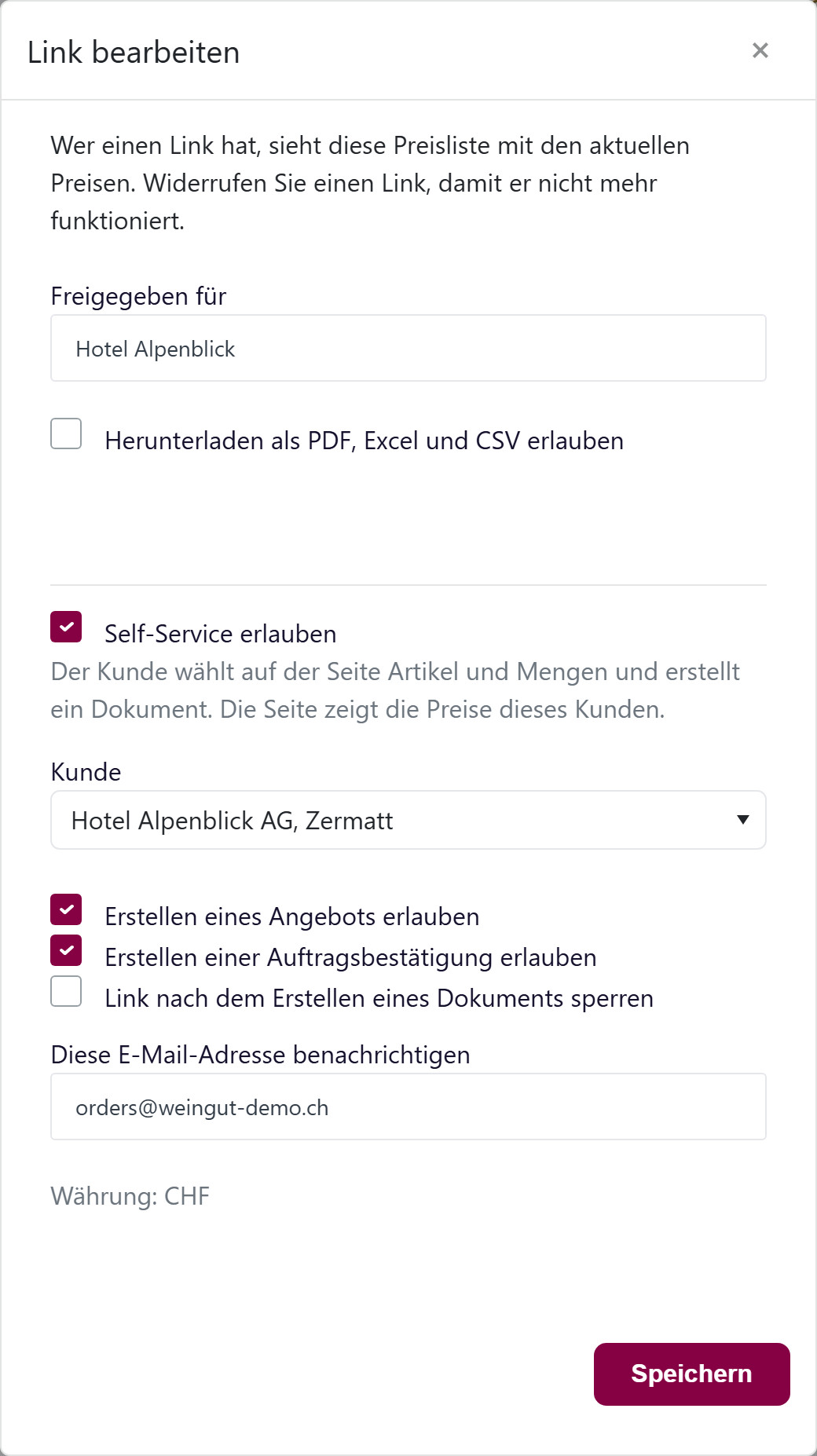 Das Fenster «Teilen» mit aktiviertem «Self-Service erlauben», ausgewähltem Kunden, beiden Kästchen für die Dokumentart, «Link nach dem Erstellen eines Dokuments sperren» und dem Feld für die Benachrichtigungs-E-Mail.