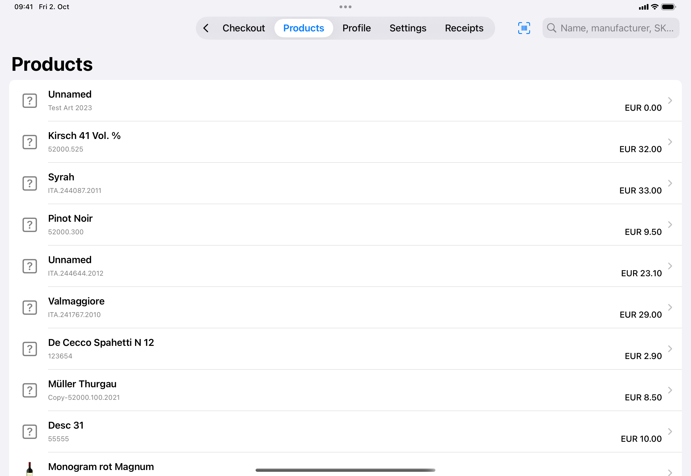 The Products tab with a list of products, each showing an image placeholder, name, SKU and price. The barcode button and the search field are in the top-right corner.