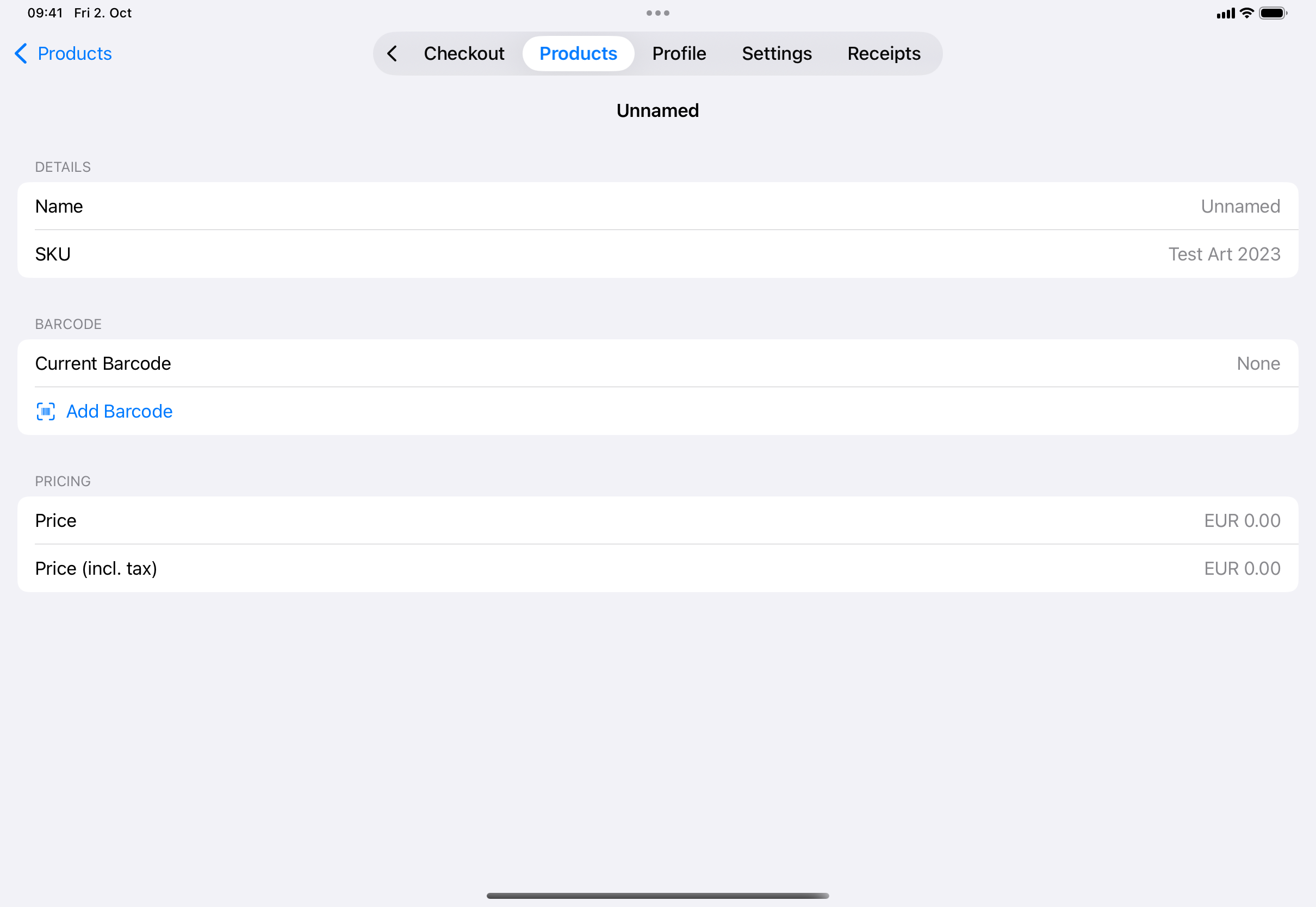 A product's detail page with the Details, Barcode (Current Barcode: None, Add Barcode) and Pricing sections.