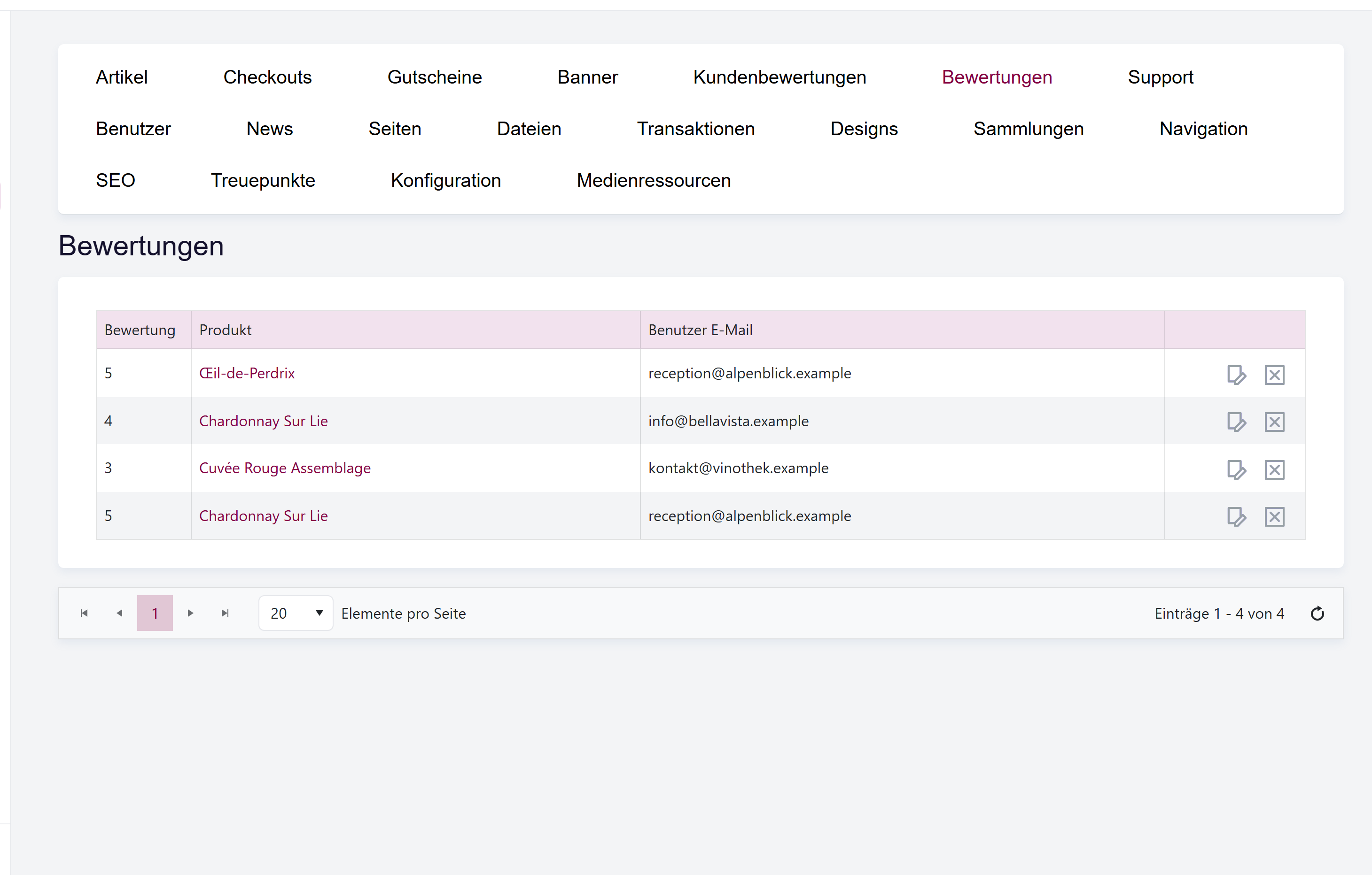 Das Raster Bewertungen mit Produkt, Kunde und Sternebewertung je Eintrag.