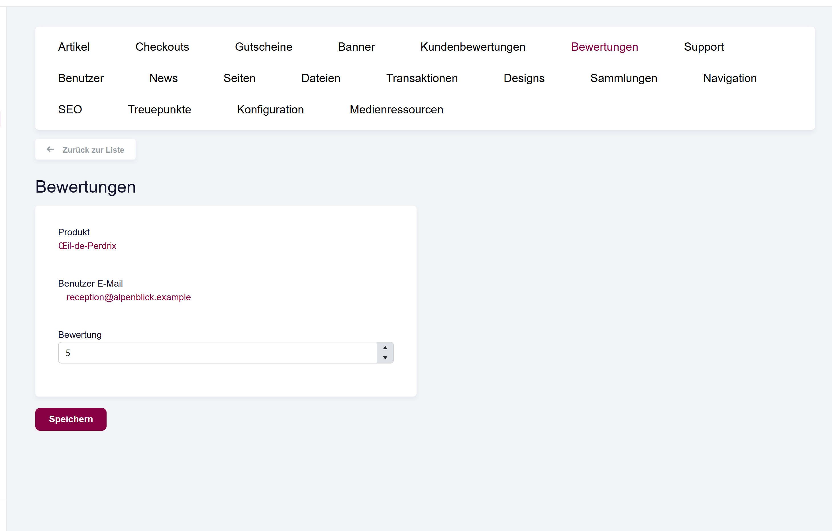 Der Bearbeitungsbildschirm einer Bewertung mit den Feldern Produkt, Kunde und Bewertungswert.