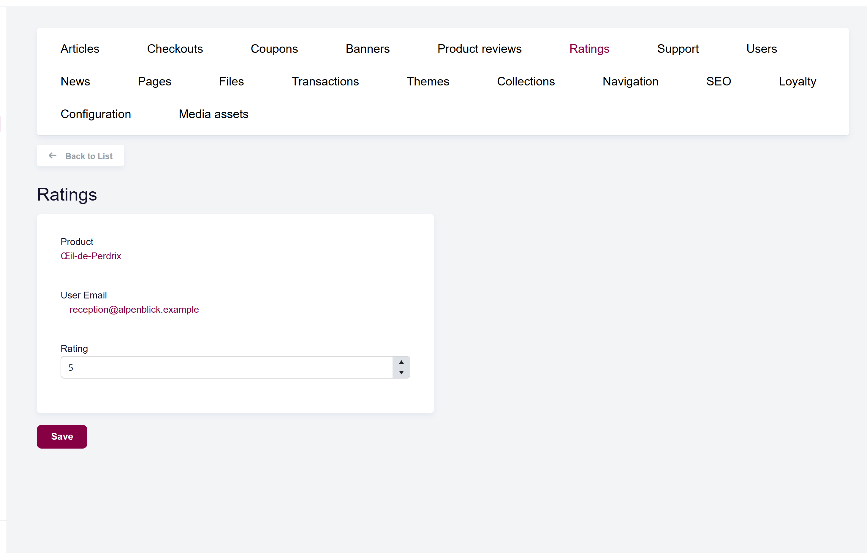 url: shop/ratings
steps:
  - openFirst: a.grid-action-item[href*="/shop/ratings/edit/" i]
The rating Edit screen with the product, customer, and rating value fields.