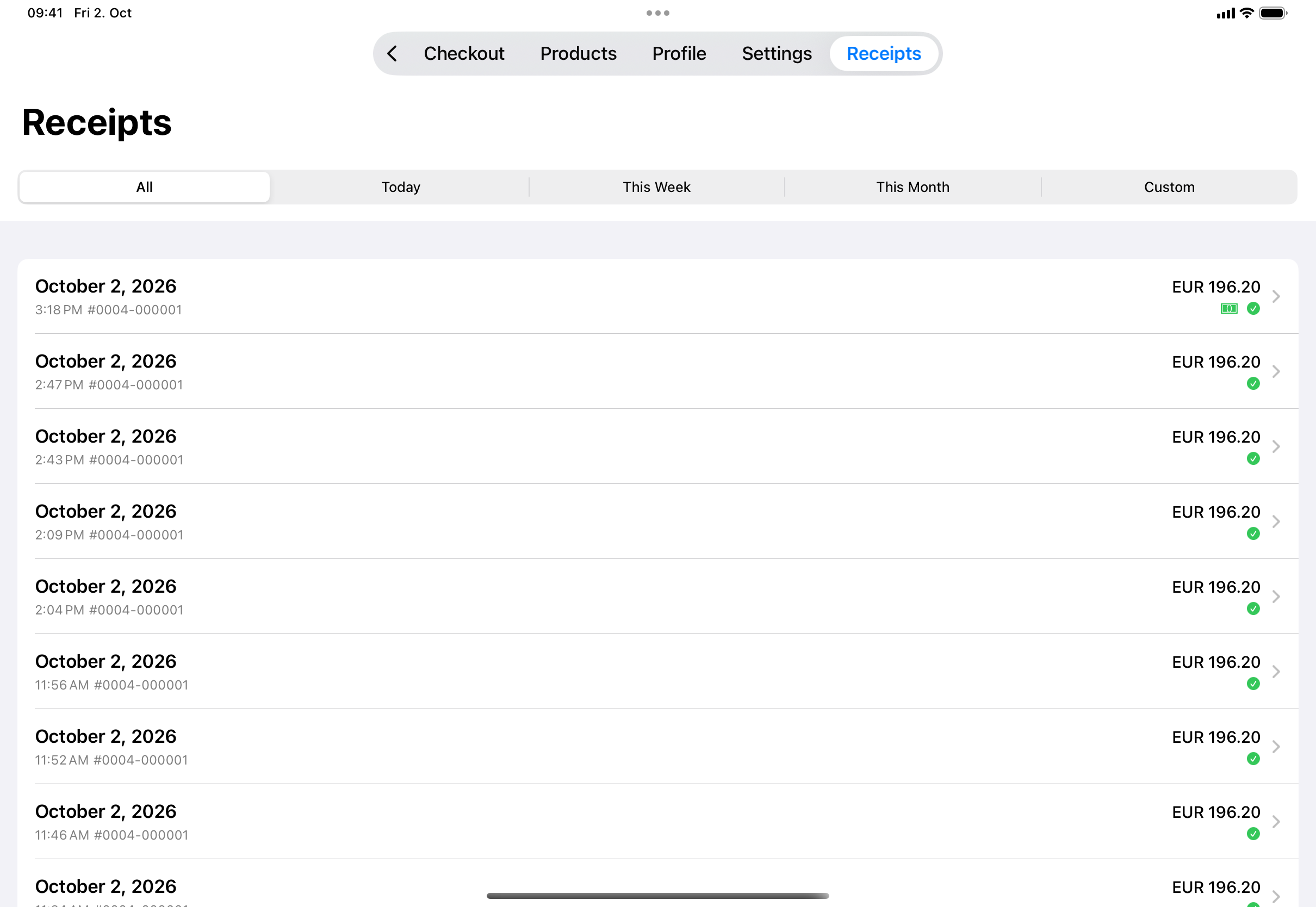 The Receipts tab with the All / Today / This Week / This Month / Custom filter and a list of receipts showing date, time, receipt number, amount and a green sync checkmark.