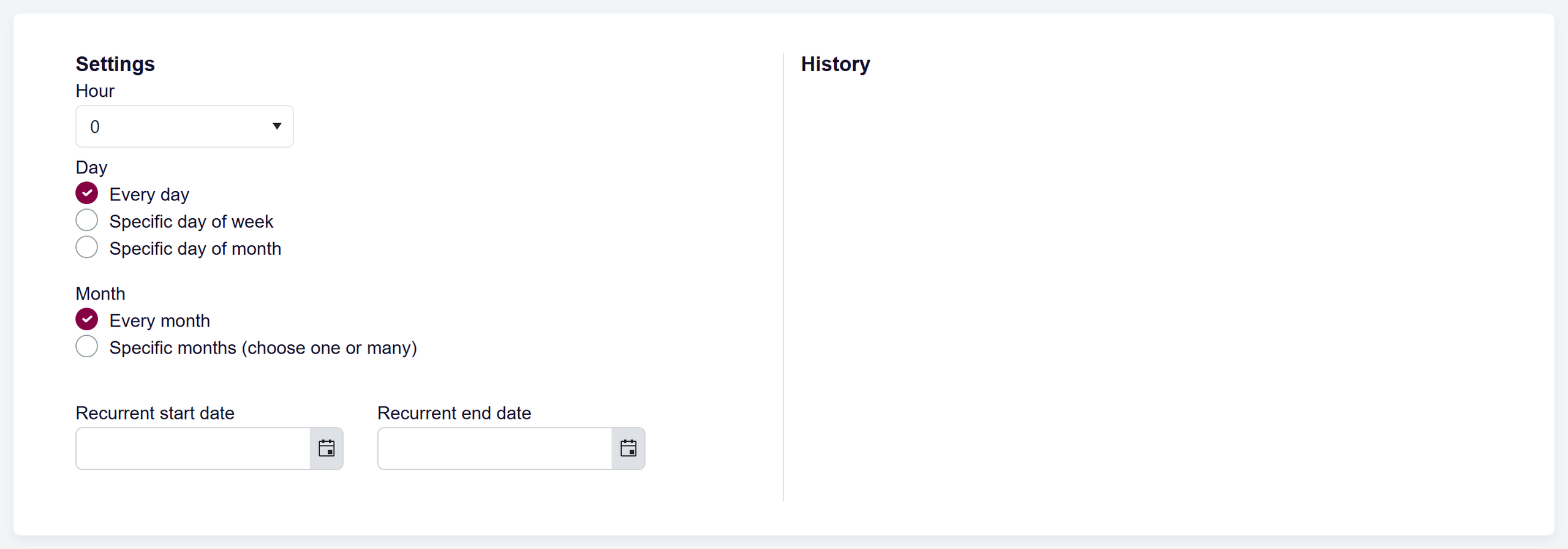url: invoices/invoice/create
steps:
  - click: label[for="IsRecurrent"]
  - wait: #IsRecurrentContainer
crop: #IsRecurrentContainer
The Recurrency panel of a new invoice: hour, day, month, start date and end date.