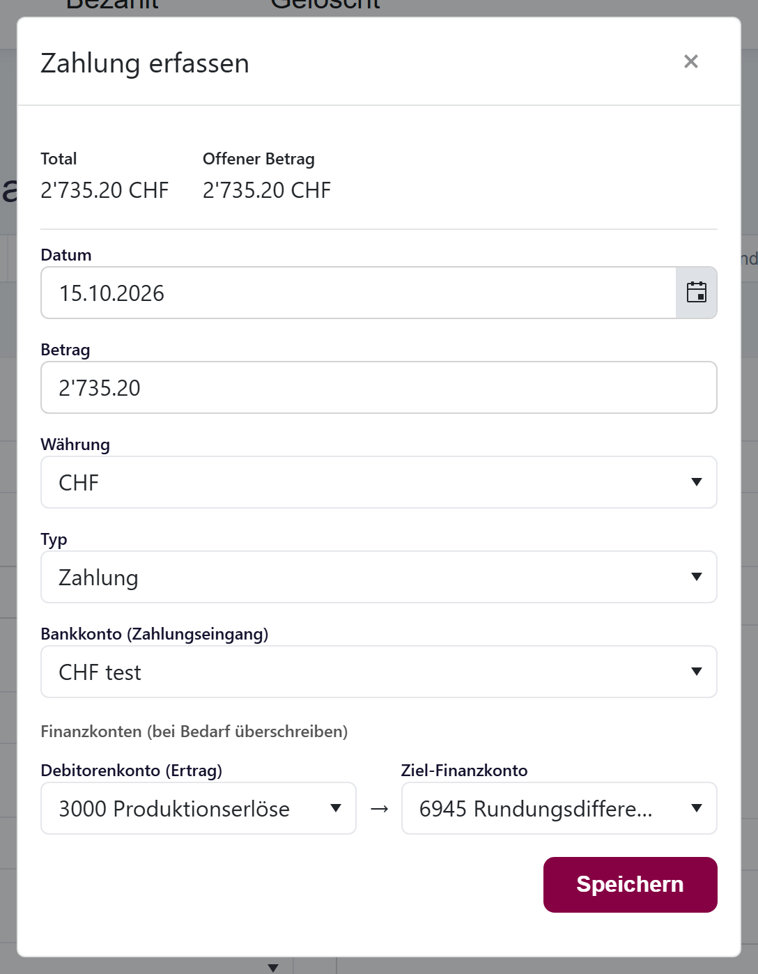 Das Fenster Zahlung erfassen mit Total und offenem Betrag oben und den Feldern Datum, Betrag, Währung, Typ und Bankkonto.