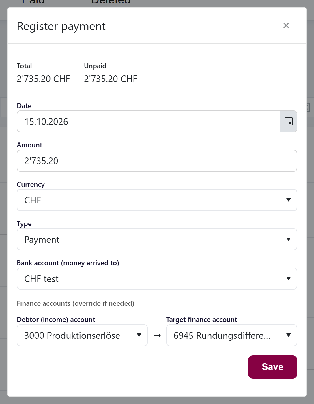url: invoices/invoice?section=InProgress
steps:
  - openRow: Alpenblick
  - click: .document-action-bar a[onclick*="openRegisterPaymentModal"]
  - wait: #registerSinglePaymentForm
crop: .k-window
The Register payment popup with the invoice total and unpaid amount at the top, and the Date, Amount, Currency, Type and Bank account fields.