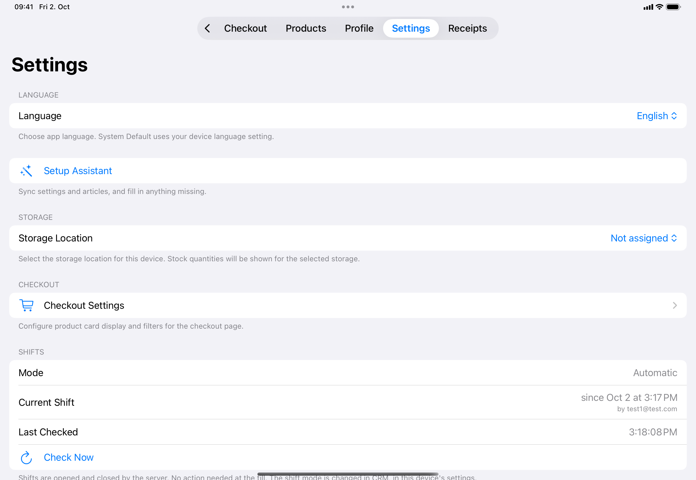 The top of the Settings tab: Language, Setup Assistant, Storage Location, Checkout Settings and the Shifts section with Mode, Current Shift, Last Checked and Check Now.