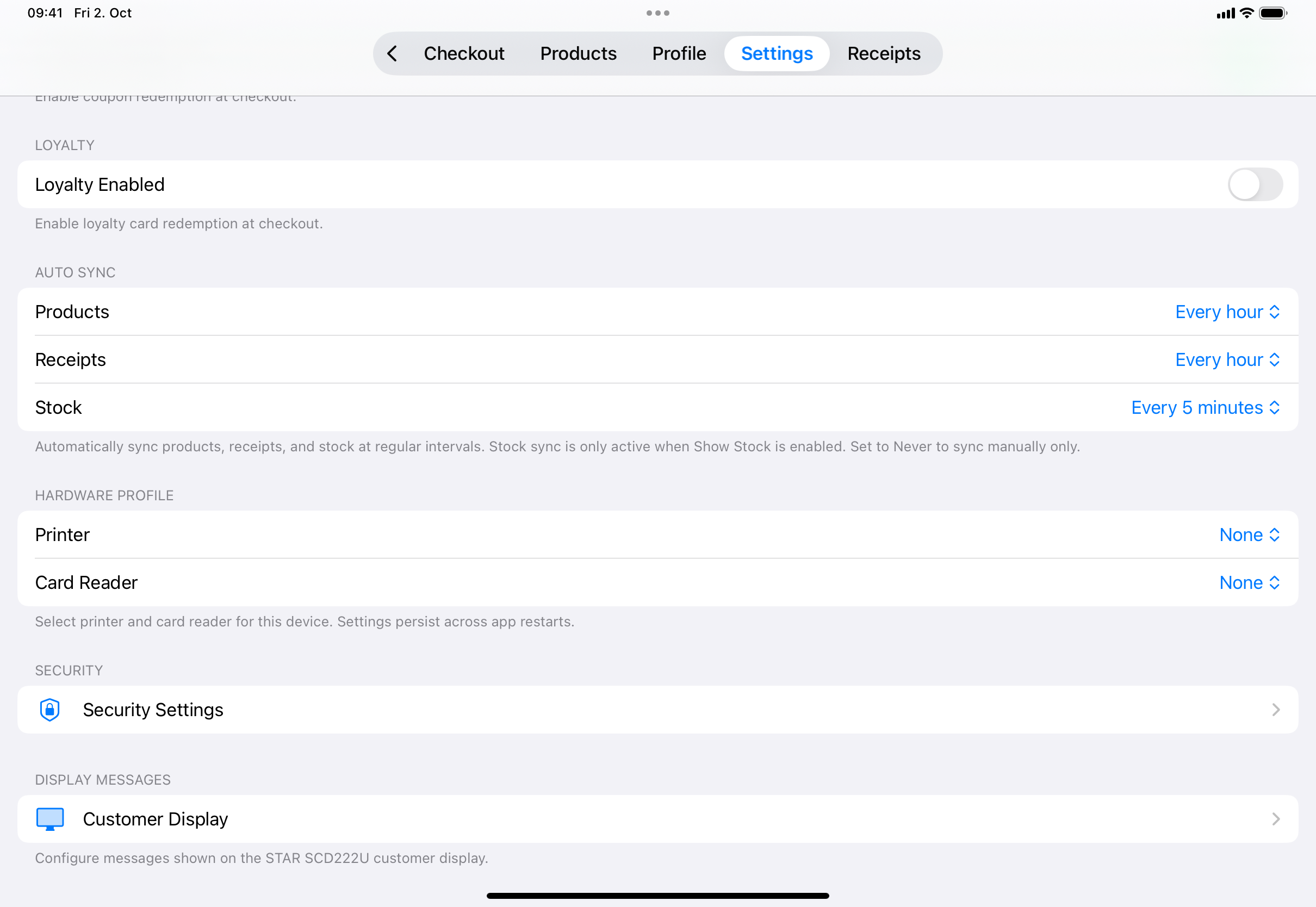The lower part of Settings: Loyalty, Auto Sync (Products, Receipts, Stock), Hardware Profile (Printer, Card Reader), Security Settings and Customer Display.