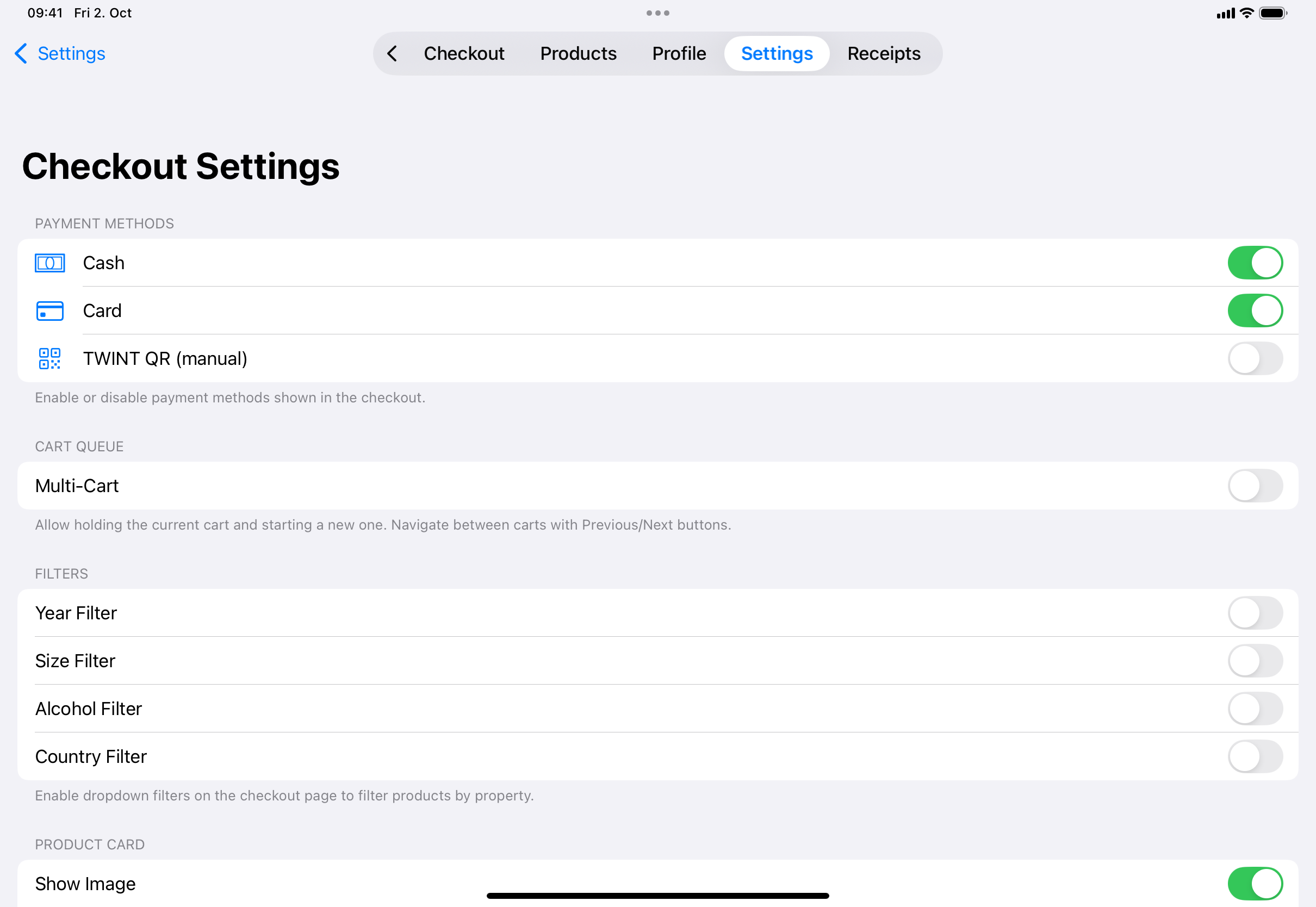 The Checkout Settings screen with the Payment Methods switches (Cash, Card, TWINT QR (manual)), the Multi-Cart switch, the Year, Size, Alcohol and Country filter switches, and the Product Card options.