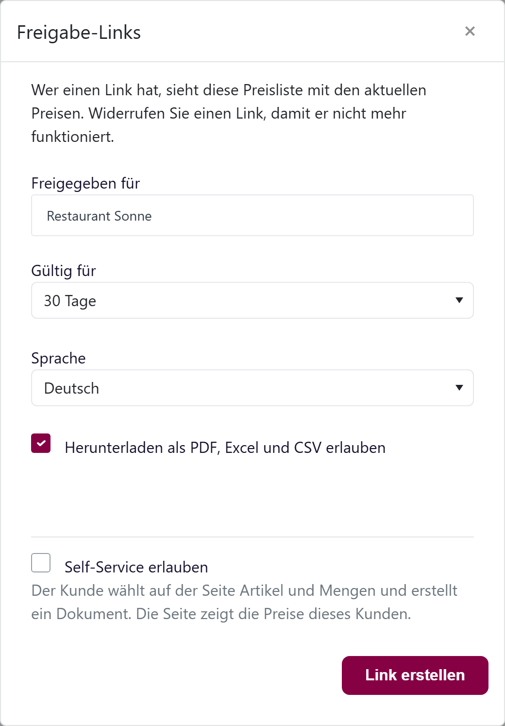 Das Fenster «Teilen» mit den Feldern Freigegeben für, Gültig für, Sprache und dem Kästchen «Herunterladen als PDF, Excel und CSV erlauben».