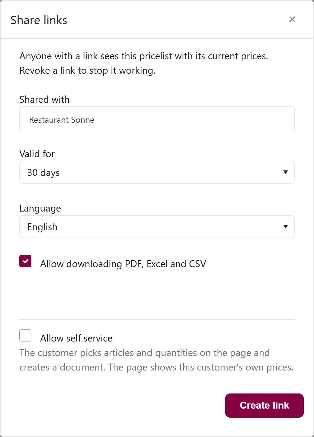 url: Articles/Pricelist/Edit/a11ce000-0000-4000-8000-000000000001
steps:
  - click: a[onclick^="openShareLinkModal()"]
  - wait: #pricelistShareLinkForm
  - fill: #ShareName|Restaurant Sonne
  - pick: #ShareLifetimeDays|en=30 days|de=30 Tage
crop: .k-window
padding: 0
The Share popup with Shared with, Valid for, Language and the "Allow downloading PDF, Excel and CSV" checkbox.